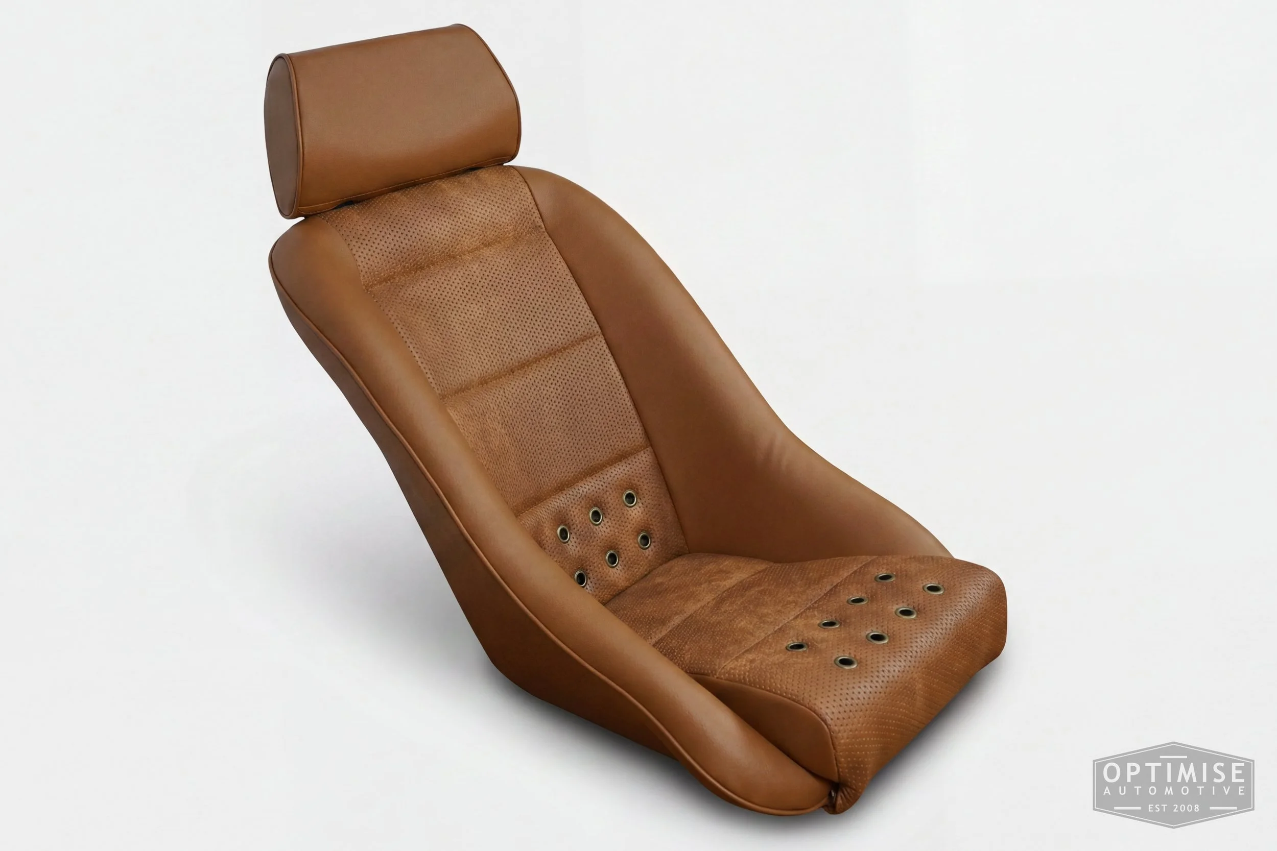 Classic Mini Cobra Classic seat retrims, trimmed in light brown (tan) leatherette and light brown (tan) basketweave leatherette with bronze eyelets.