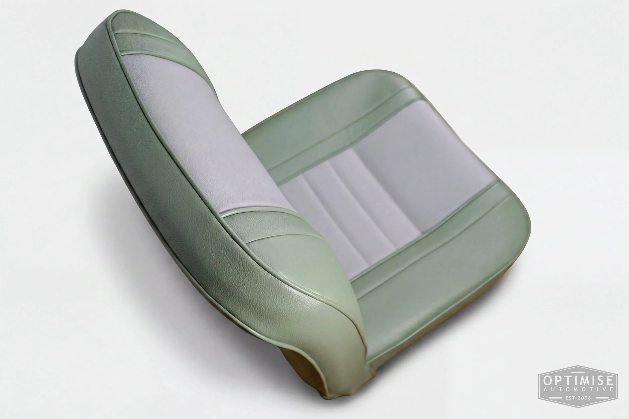 Classic Mini non-reclining seat retrims, trimmed in porcelain green and dove grey vinyl leatherette.