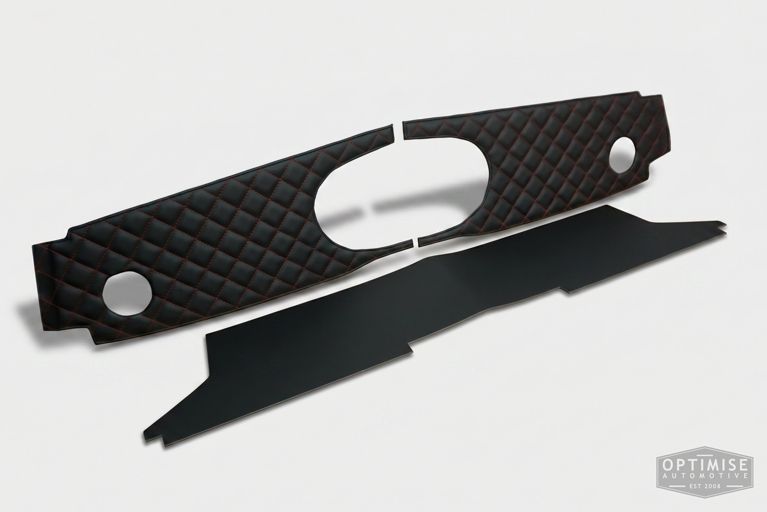 Classic Mini dash trim panel kit, trimmed in black vinyl leatherette with red diamond stitching.