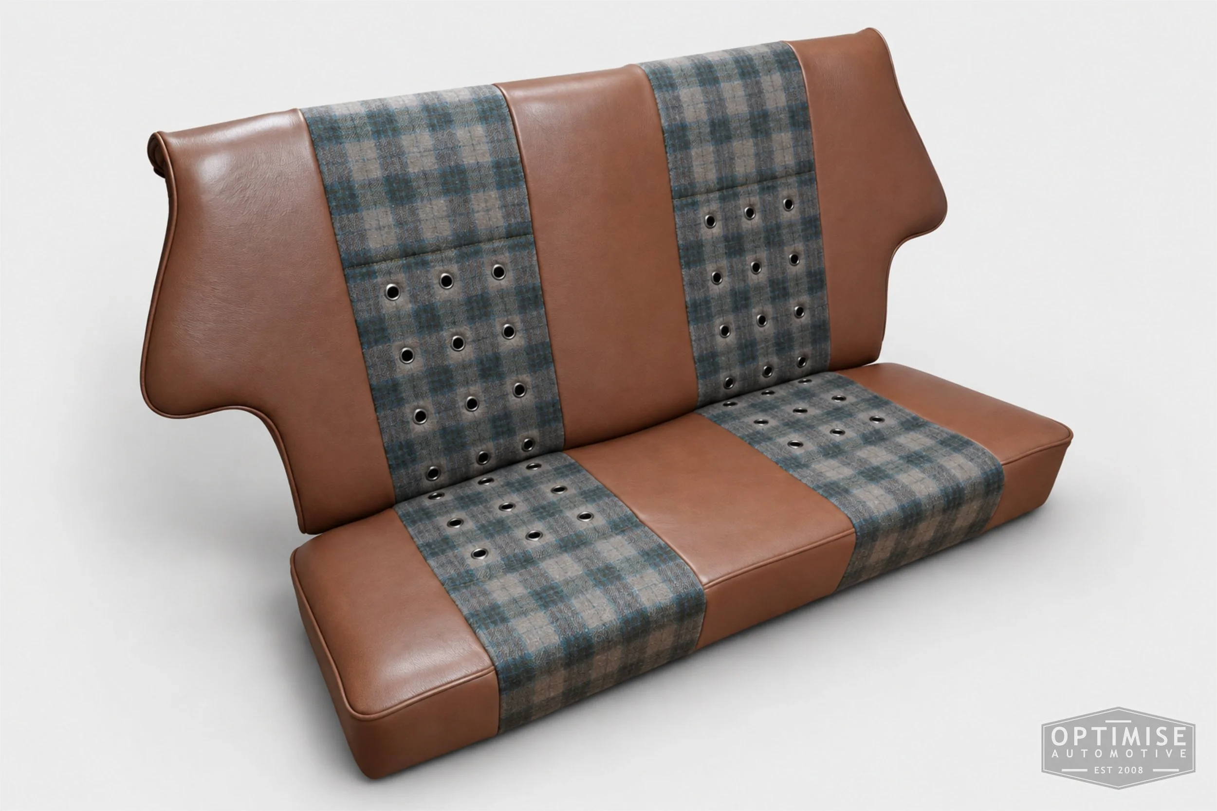 Classic Mini seat retrims featuring Cobra Classic RS front seats and a matching MPi rear seat, trimmed in Norfolk Check Tweed 0834 and Crest Cambridge lark leather, with gunmetal eyelets.
