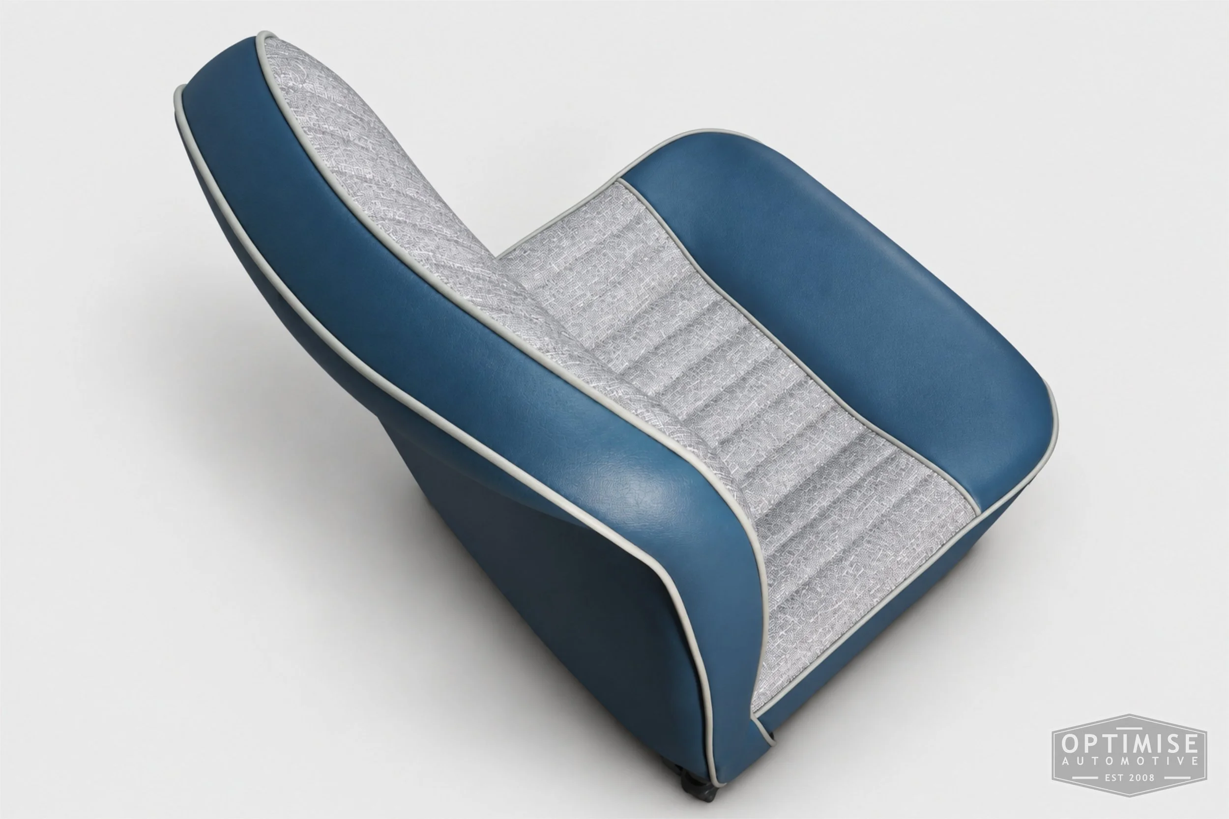 Classic Mini seat retrims featuring original non-reclining front seats and a matching MK1 rear seat, trimmed to original specifications in grey fleck and blue.
