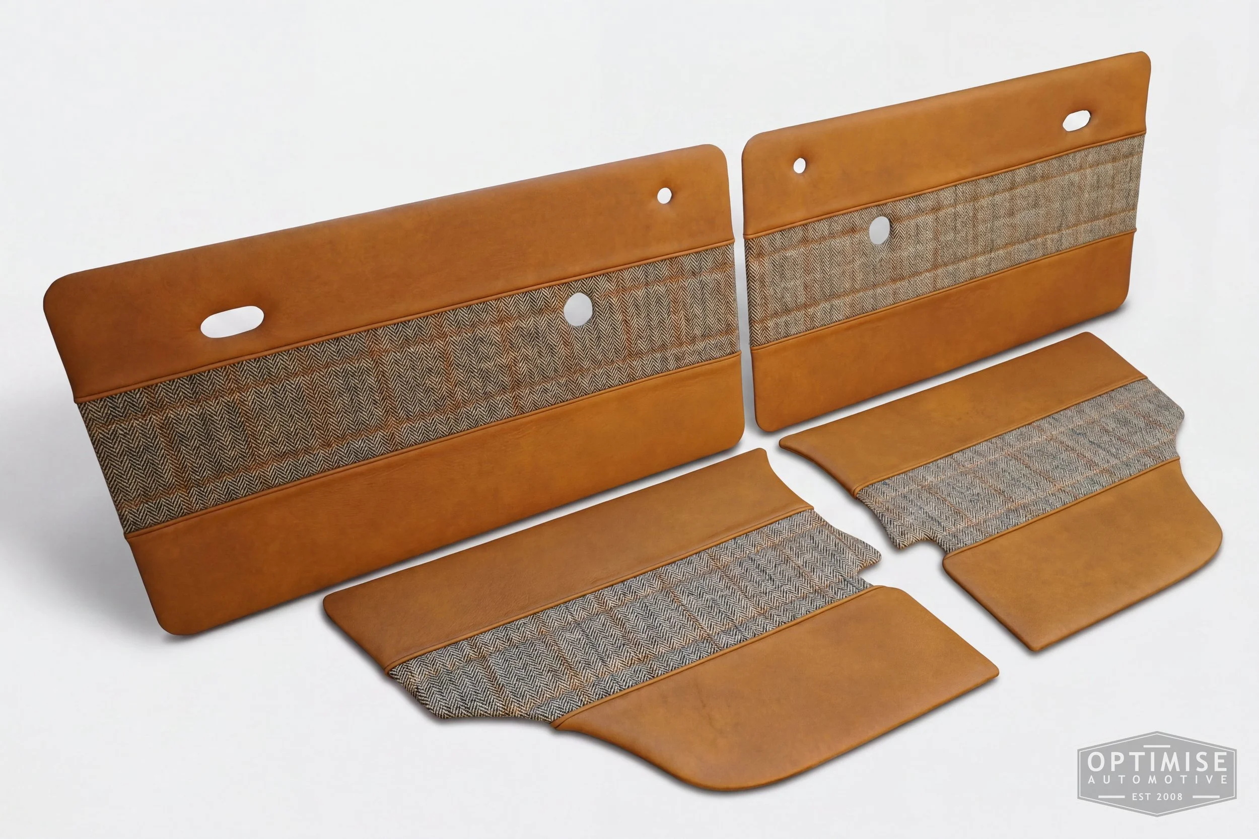 Classic Mini Wide-Stripe Fluted door cards, trimmed in Austen Bourbon leather and Harris Tweed HB133 with Austen Bourbon leather piping & tan stitching.