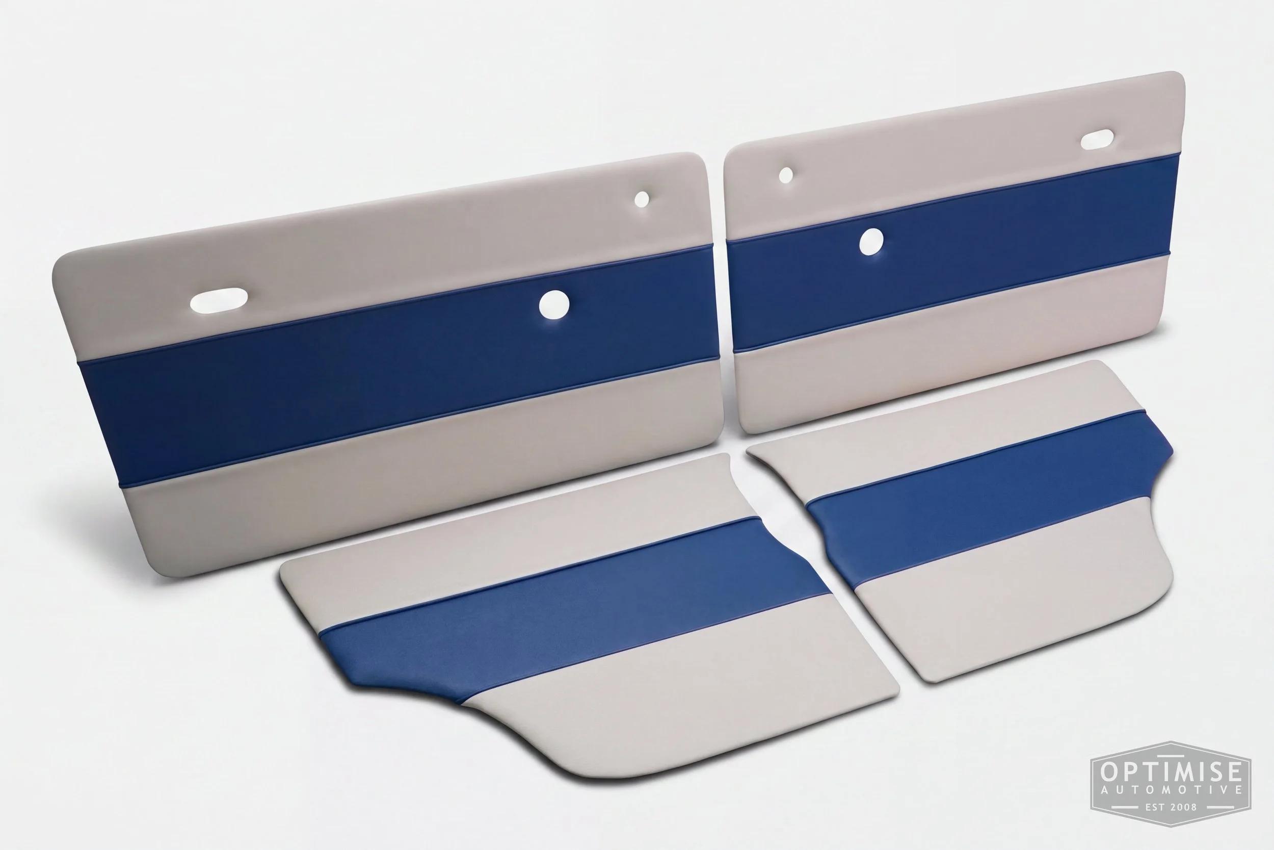 Classic Mini Wide-Stripe door cards, trimmed in cream and Royal blue vinyl leatherette with Royal blue piping.