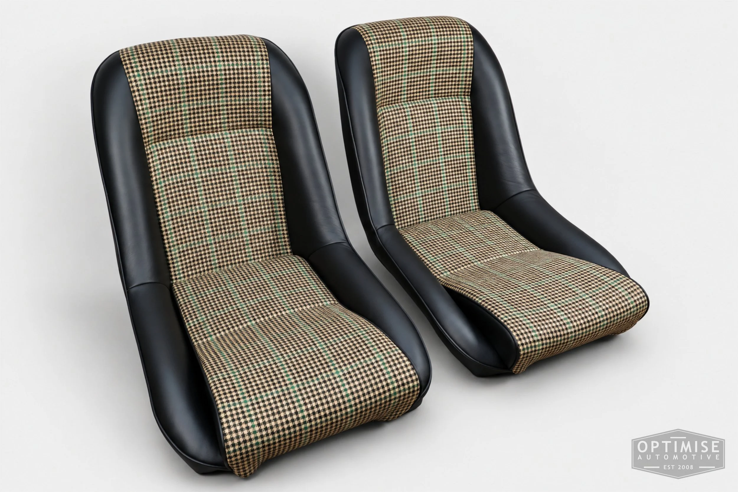 Classic Mini seat retrims featuring Cobra Cub front seats and a matching SPi rear seat, trimmed in Hampton Check Tweed 054 and Crest Vele black leather.