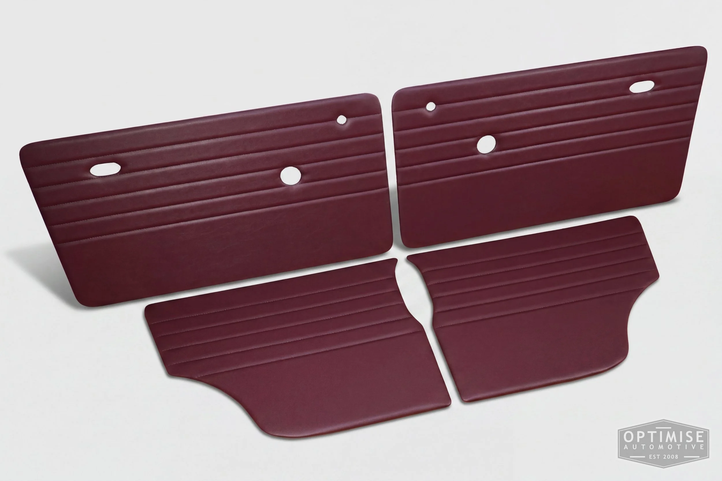 Classic Mini Monte-Carlo door cards, trimmed in burgundy vinyl leatherette with burgundy stitching.