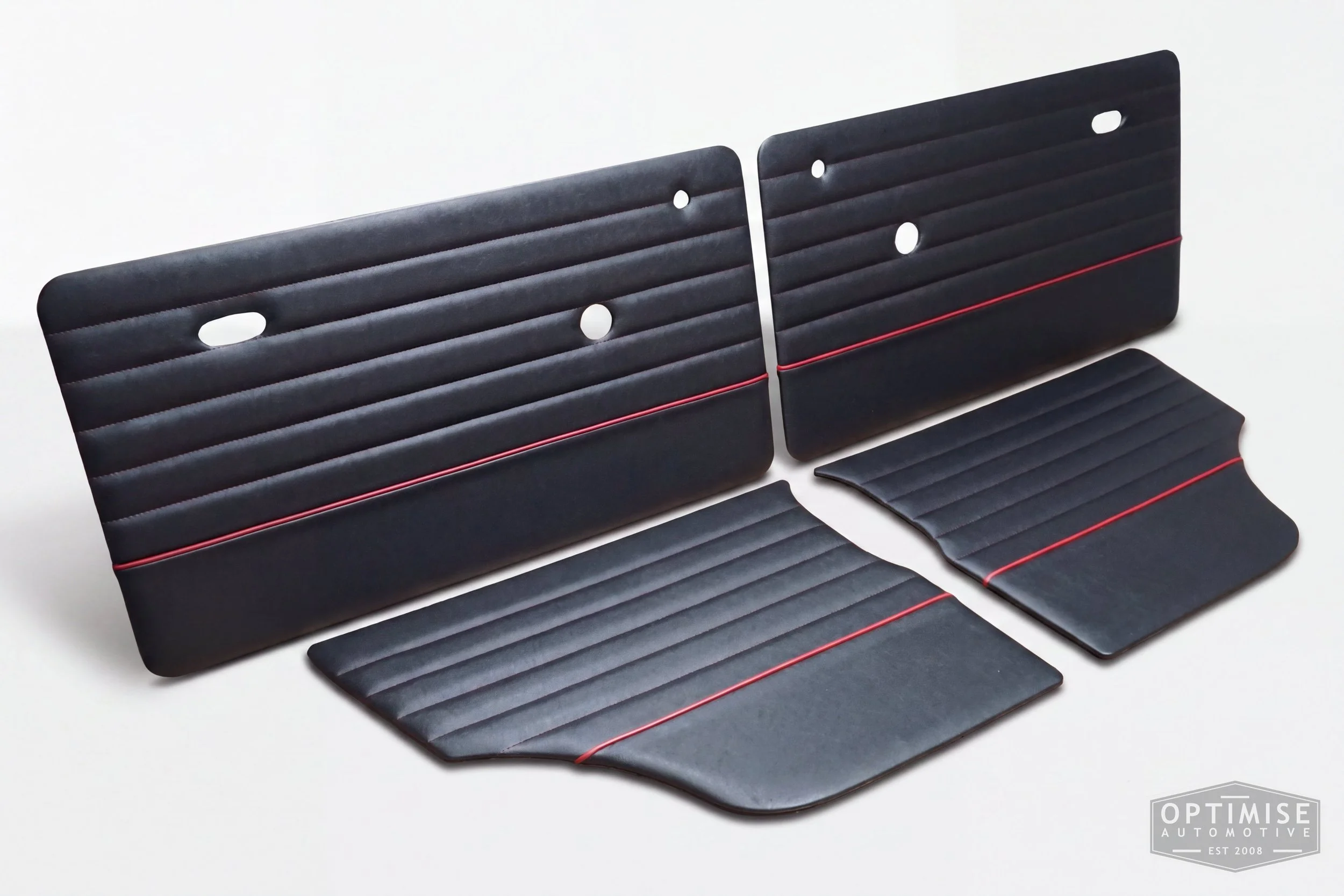 Classic Mini Monte-Carlo Plus door cards, trimmed in black vinyl leatherette with red piping & stitching.