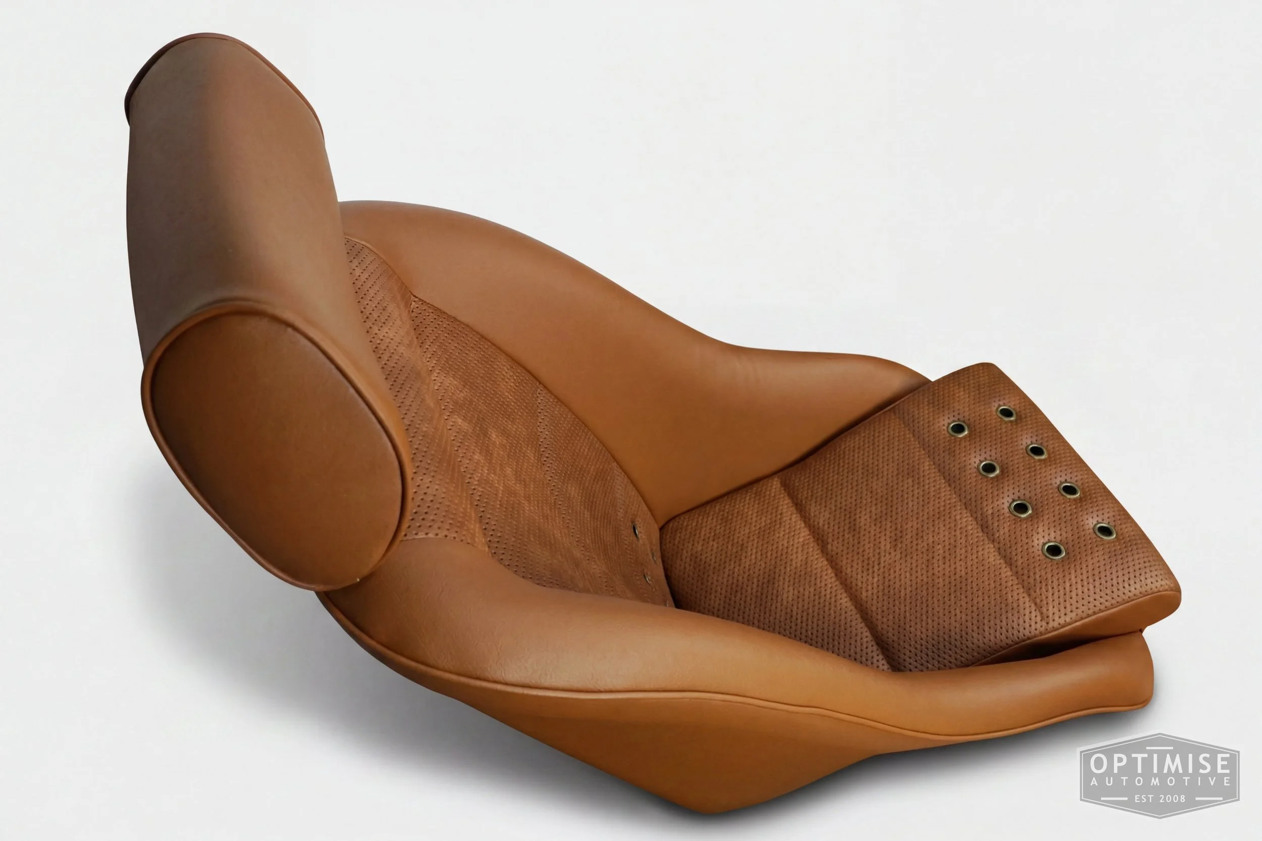 Classic Mini Cobra Classic seat retrims, trimmed in light brown (tan) leatherette and light brown (tan) basketweave leatherette with bronze eyelets.
