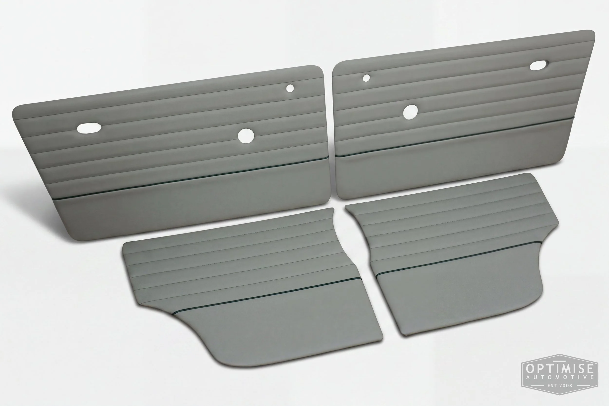 Classic Mini Monte-Carlo Plus door cards, trimmed in dove grey vinyl leatherette with British racing green piping & stitching.