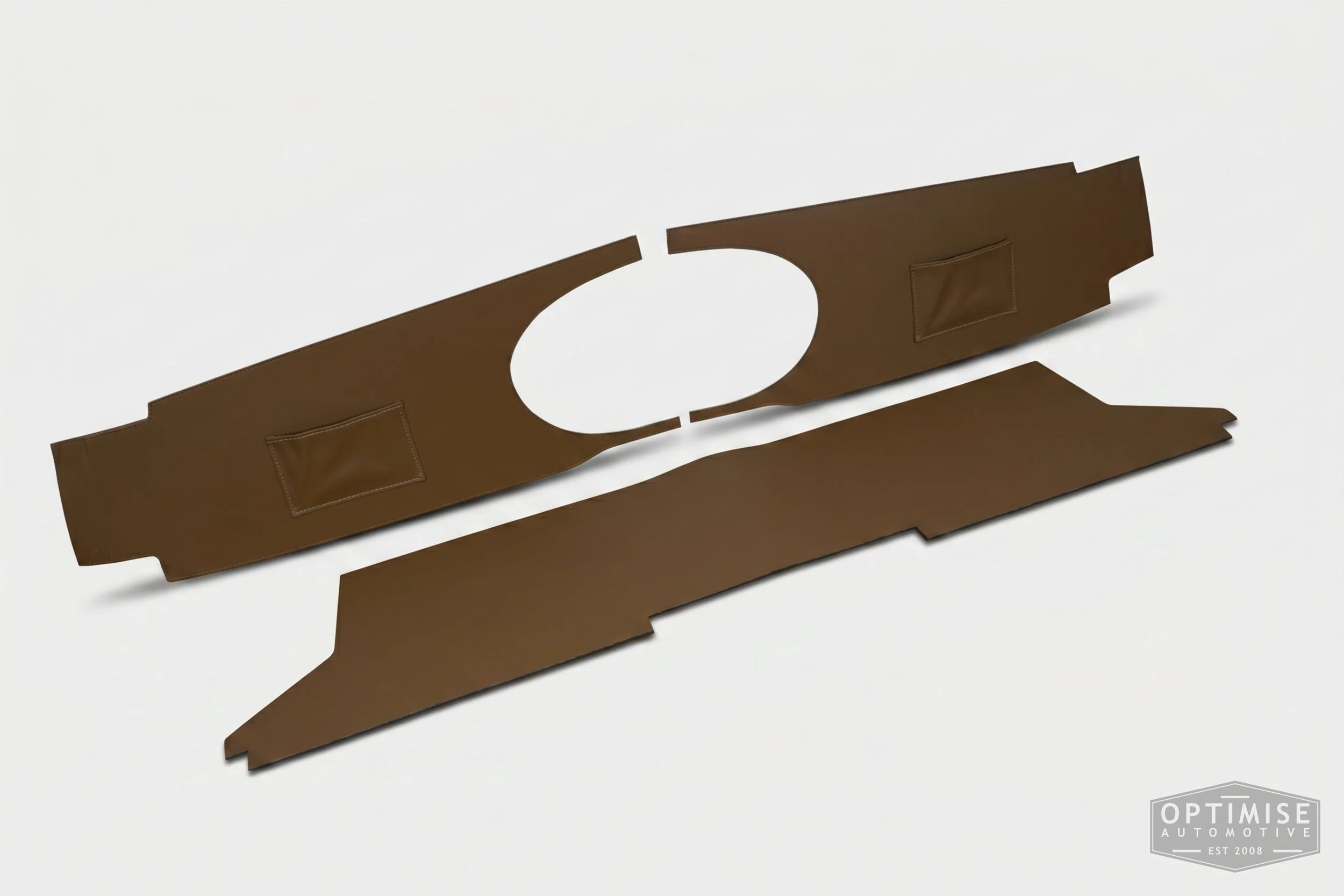 Classic Mini dash trim panel kit, trimmed in light brown (tan) vinyl leatherette with pockets.