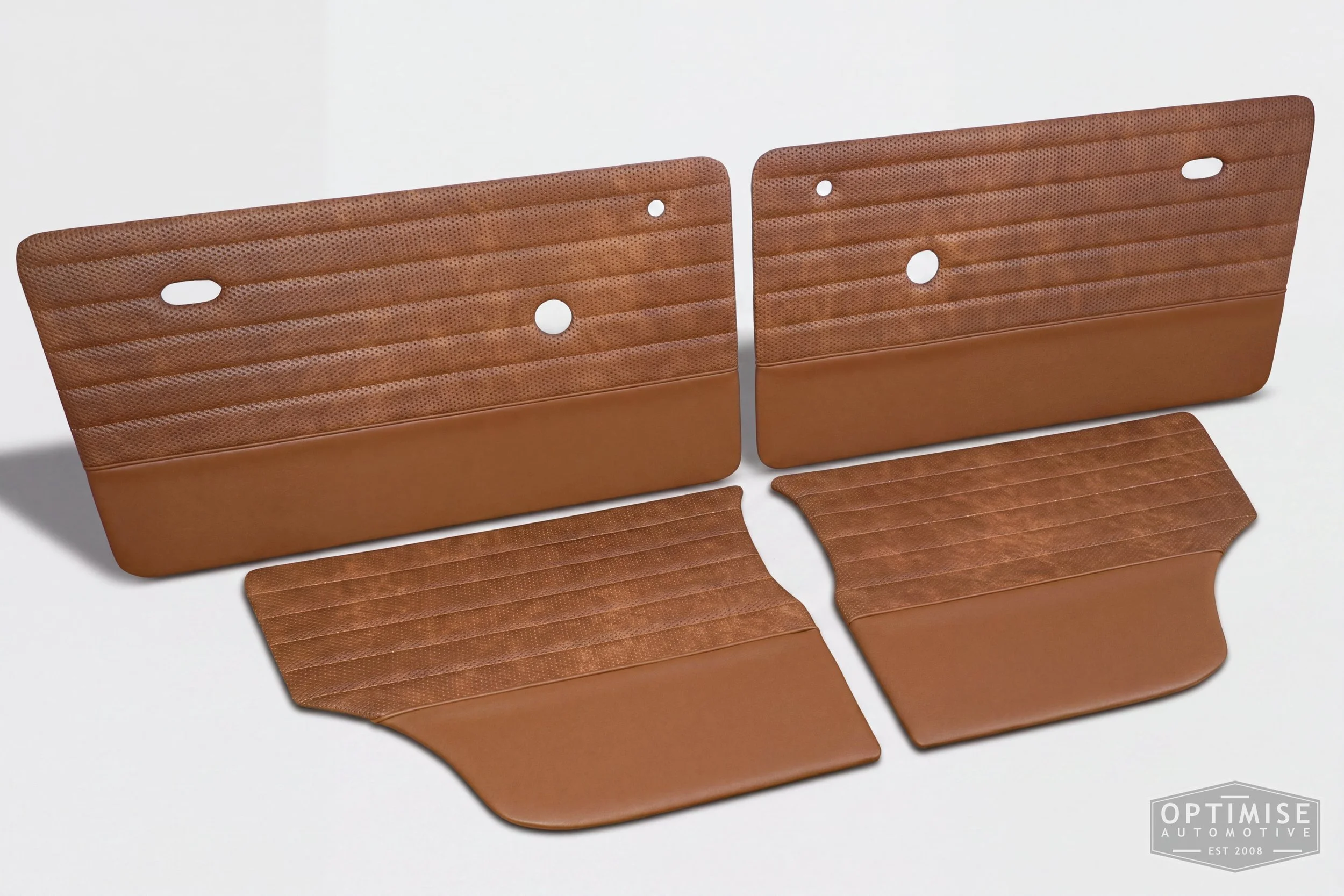 Classic Mini Monte-Carlo Plus door cards, trimmed in light brown (tan) vinyl leatherette and light brown (tan) basketweave, with light brown (tan) piping & stitching.