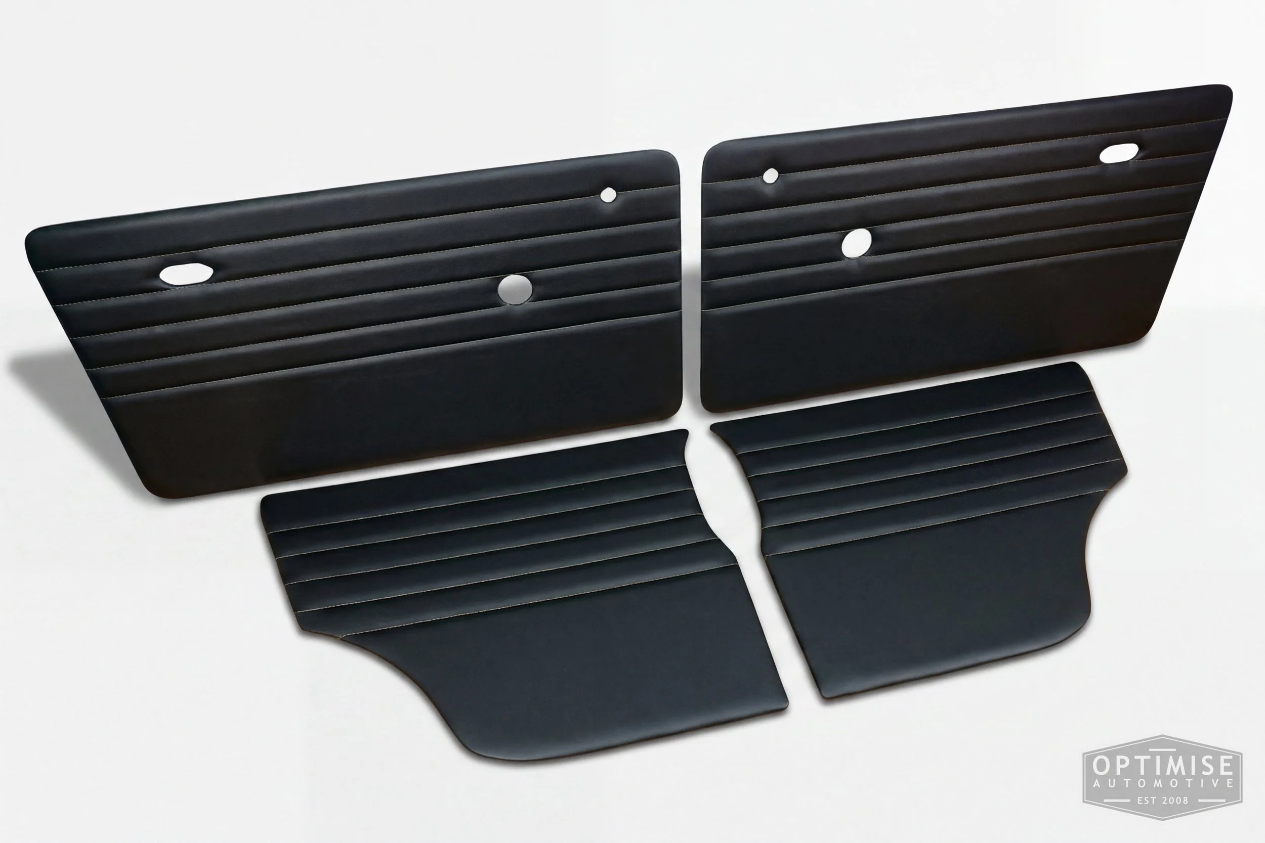 Classic Mini Monte-Carlo door cards, trimmed in black vinyl leatherette with light brown stitching.