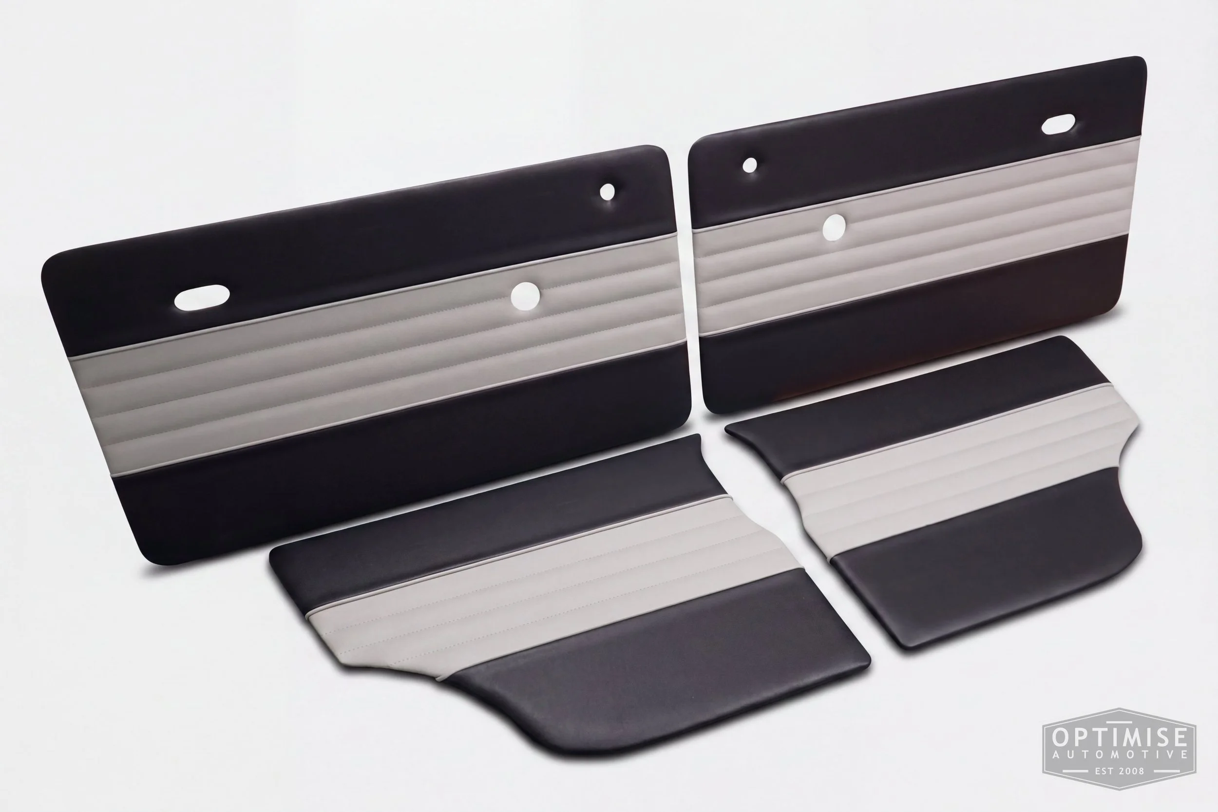 Classic Mini Wide-Stripe Fluted door cards, trimmed in black and light grey vinyl leatherette with light grey piping & stitching.