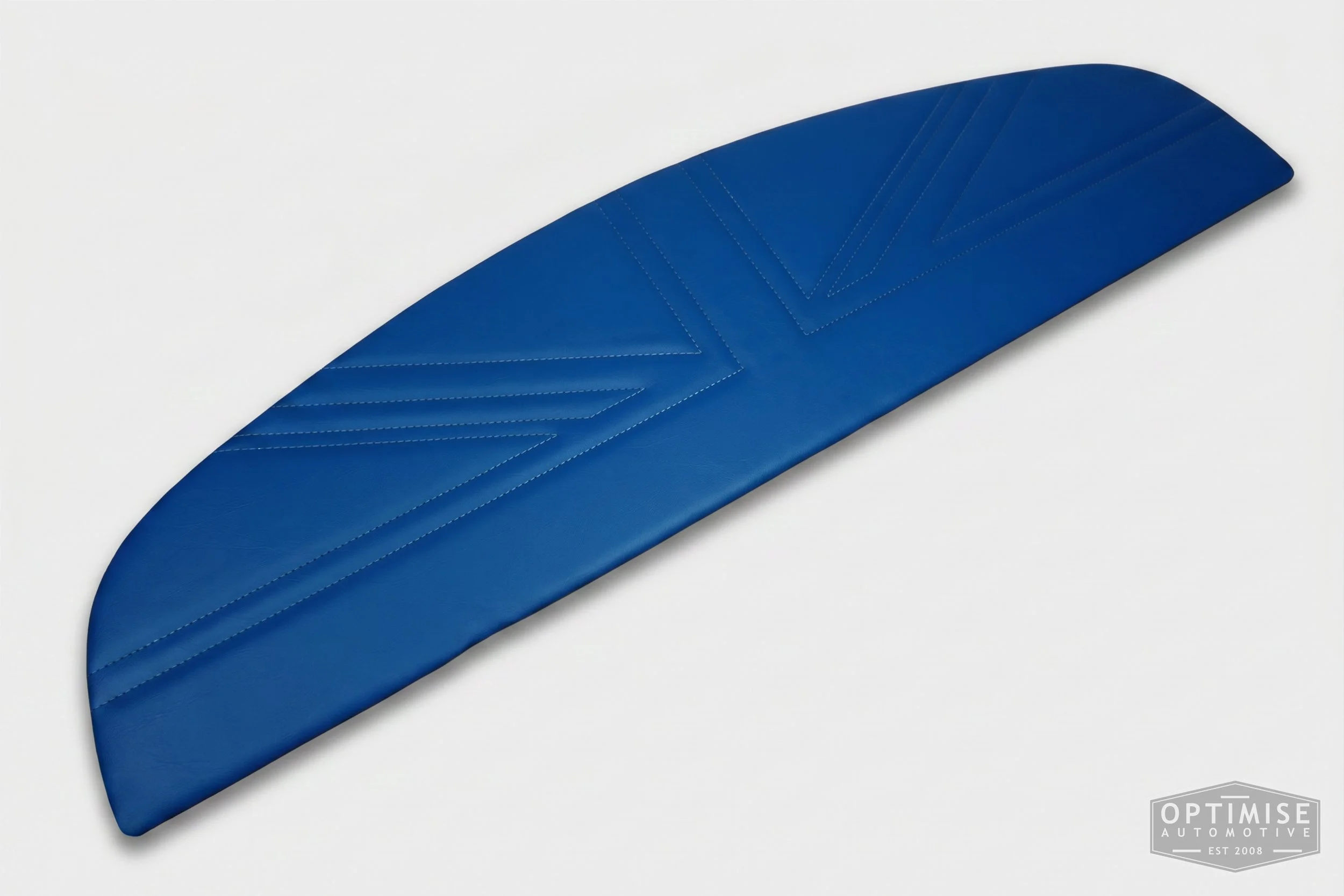 Classic Mini Union Jack parcel shelf board, trimmed in Royal blue vinyl leatherette with Royal blue stitching.