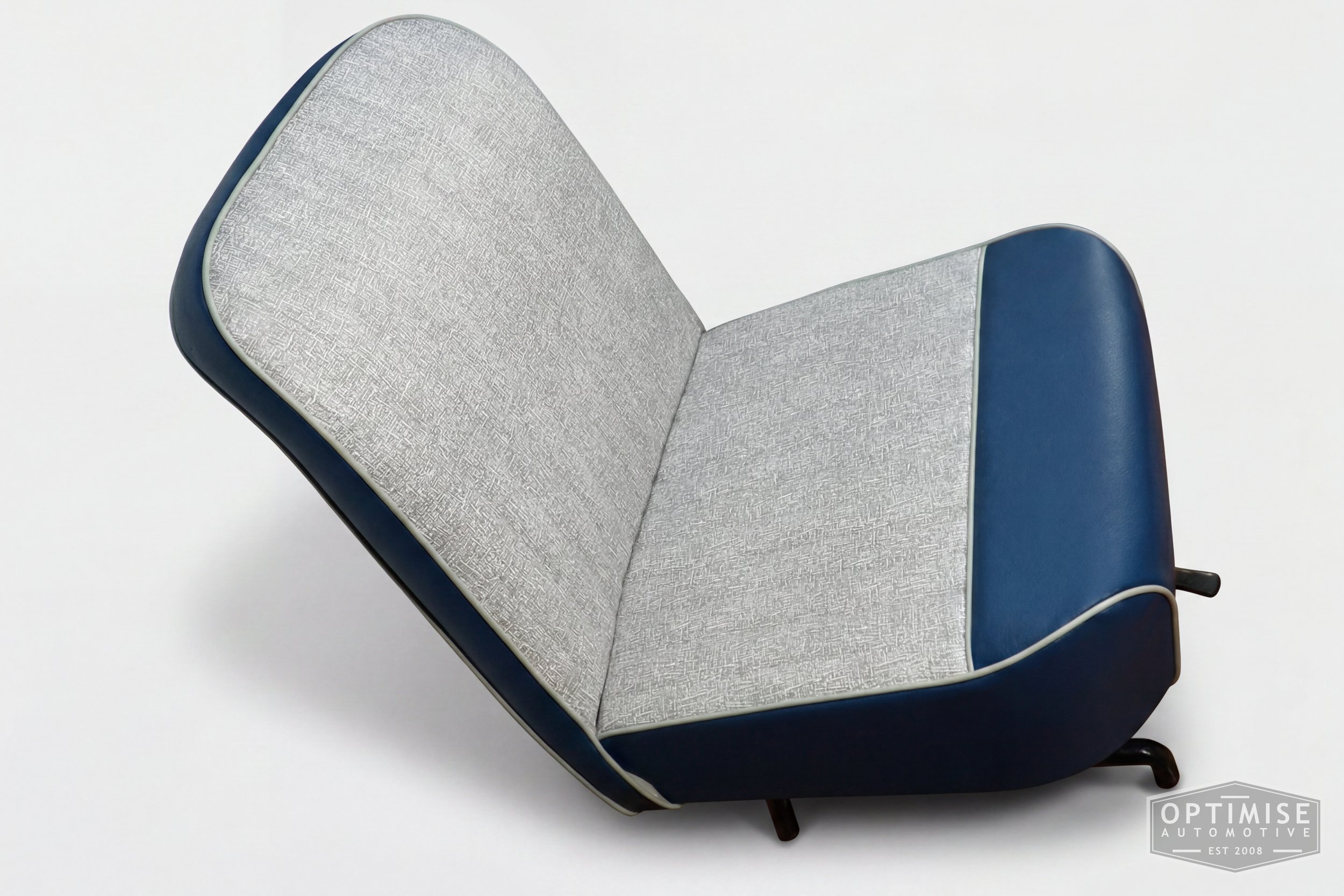 Classic Mini non-reclining seat retrims, trimmed in grey fleck and isis blue vinyl leatherette.