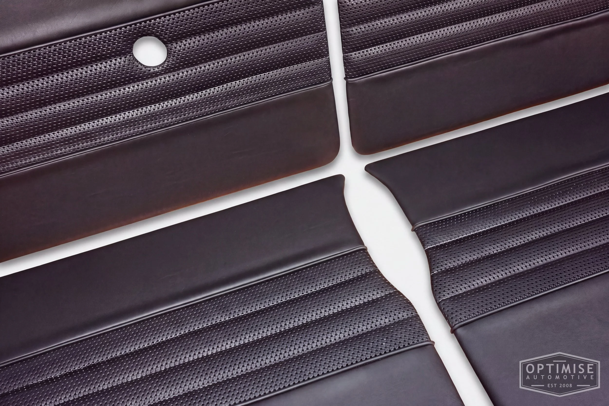 Classic Mini Wide-Stripe Fluted door cards, trimmed in black vinyl leatherette and black basketweave with black piping & stitching.
