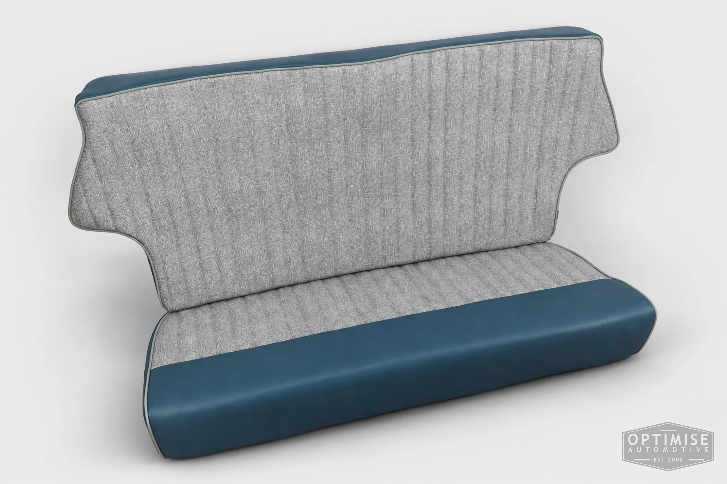 Classic Mini seat retrims featuring original non-reclining front seats and a matching MK1 rear seat, trimmed to original specifications in grey fleck and blue.