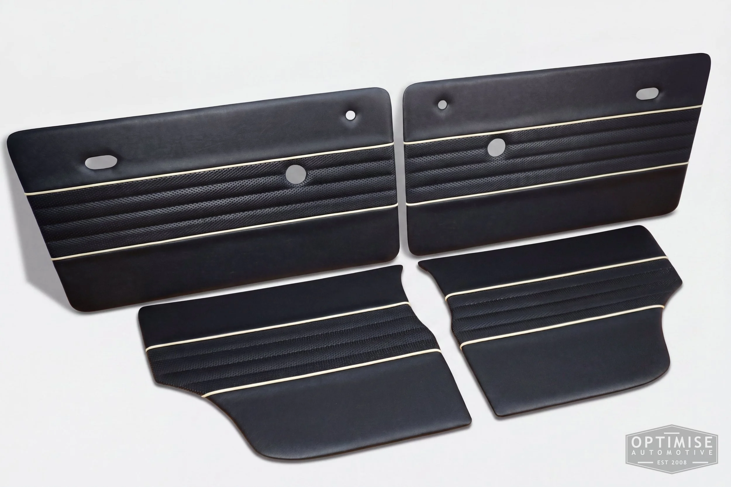 Classic Mini Wide-Stripe Fluted door cards, trimmed in black vinyl leatherette and black basketweave with cream piping & black stitching.