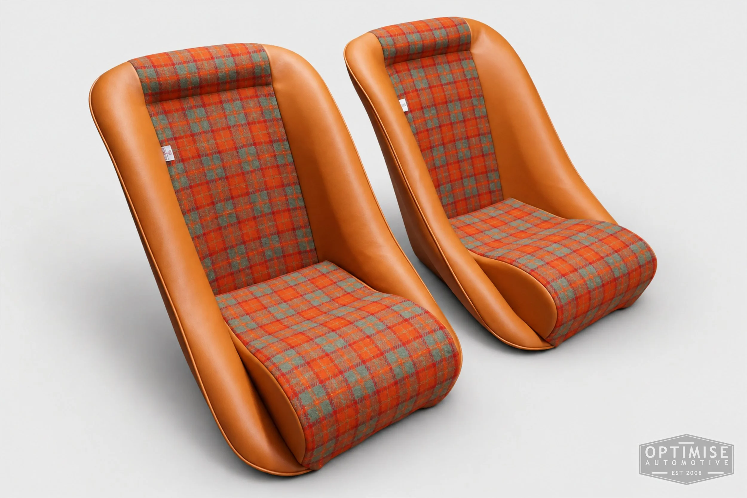 Classic Mini seat retrims featuring Cobra Classic front seats and a matching MK2 rear seat, trimmed in orange/green Harris Tweed A083 and light Jaguar tan leatherette.