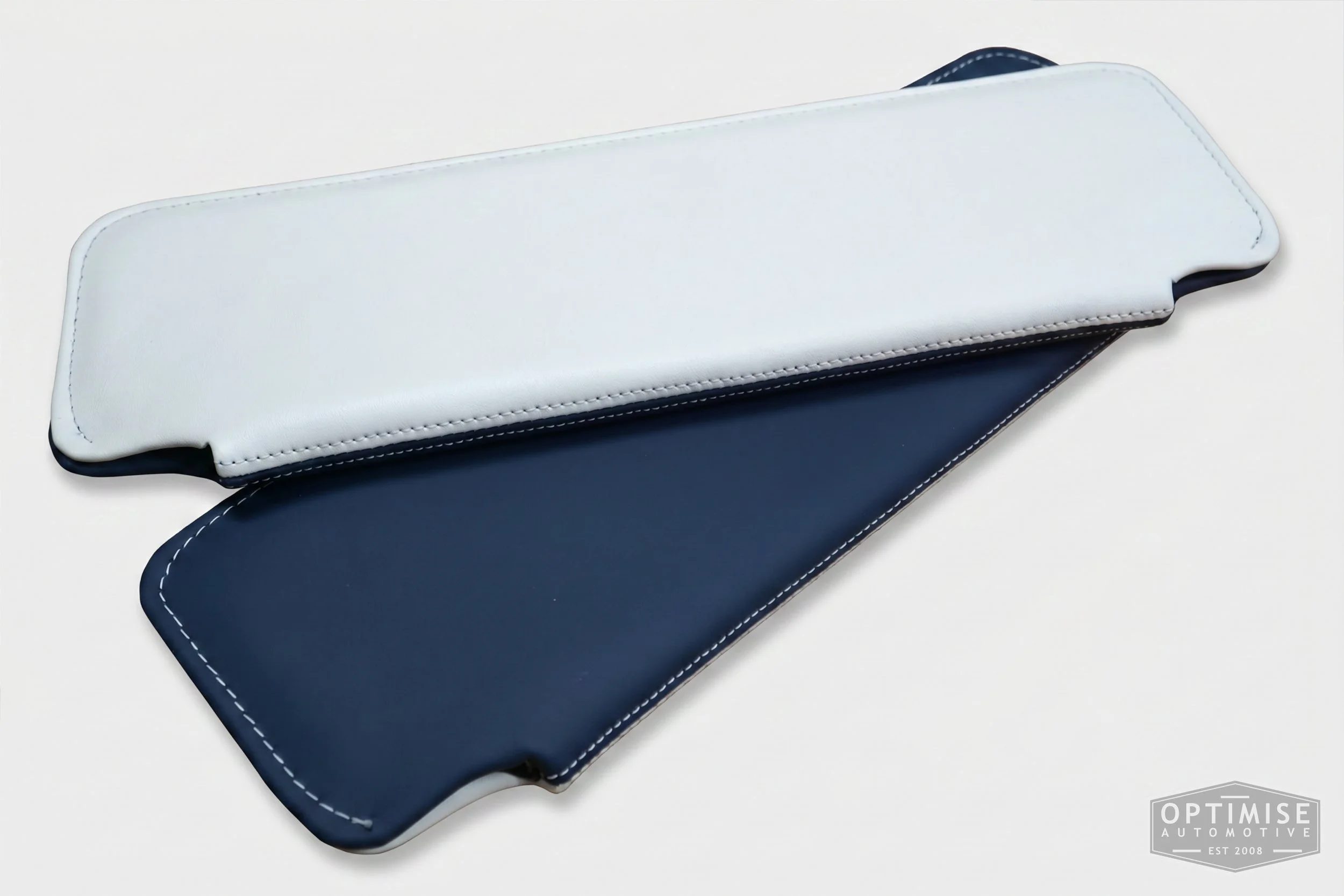 Classic Mini sun visor retrims, trimmed in blue and white.