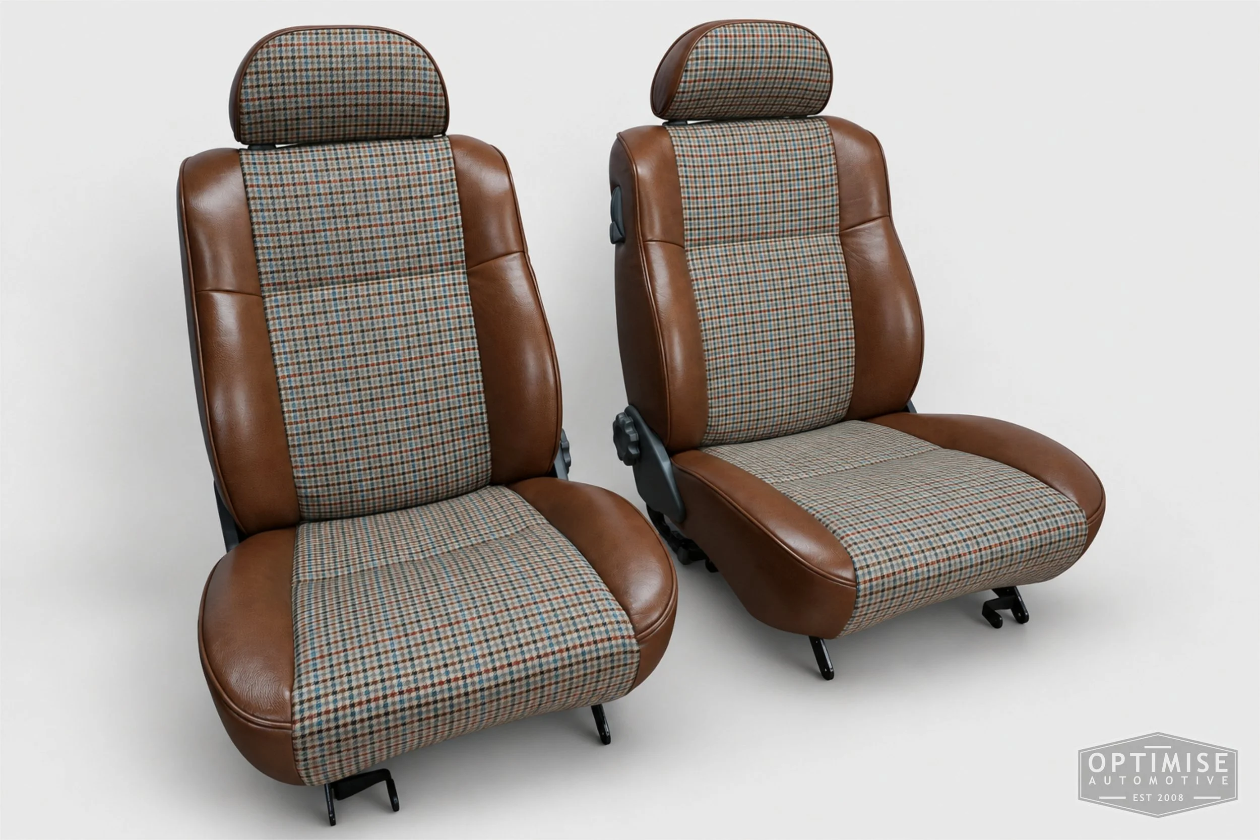 Classic Mini seat retrims featuring original SPi front seats and a matching rear seat, trimmed in Crest Cambridge lark leather and Ashdown Check fabric 145.