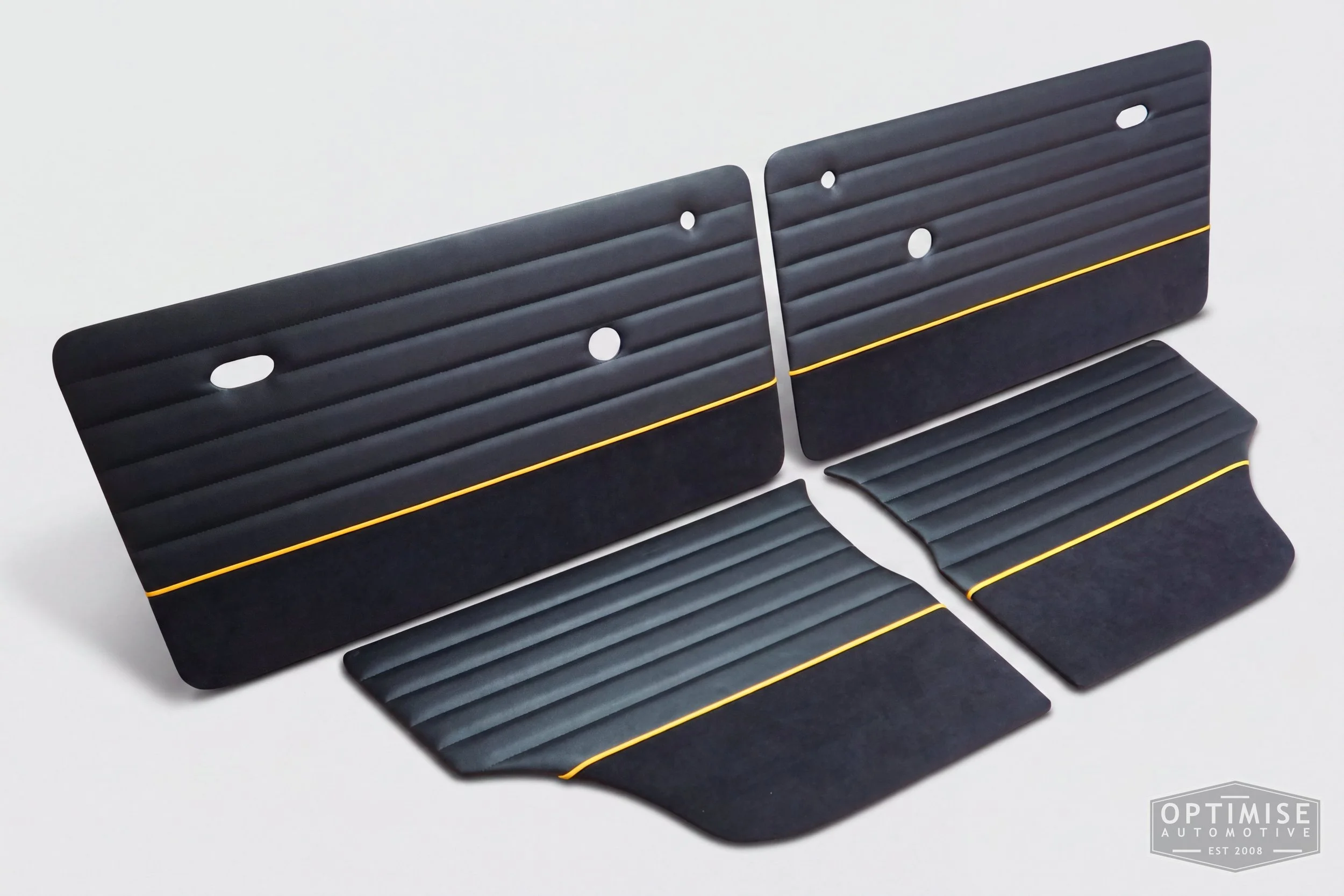 Classic Mini Monte-Carlo Plus door cards, trimmed in black vinyl leatherette and black Alcantara with yellow piping & black stitching.