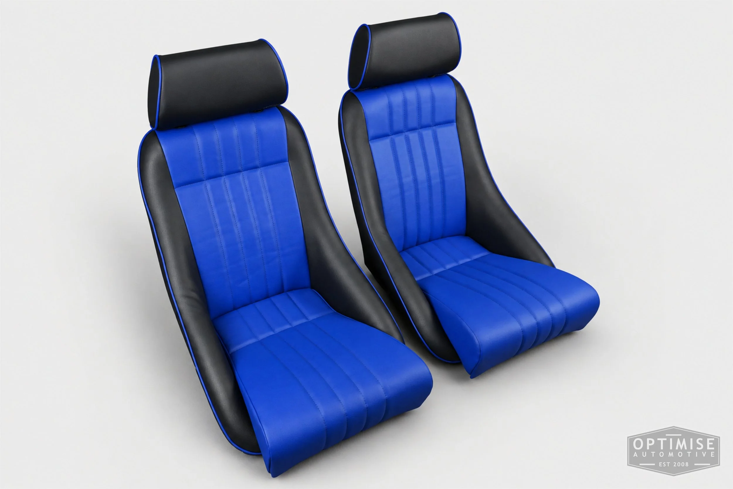 Classic Mini seat retrims featuring Cobra Monte Carlo front seats, trimmed in black and electric blue leatherette.