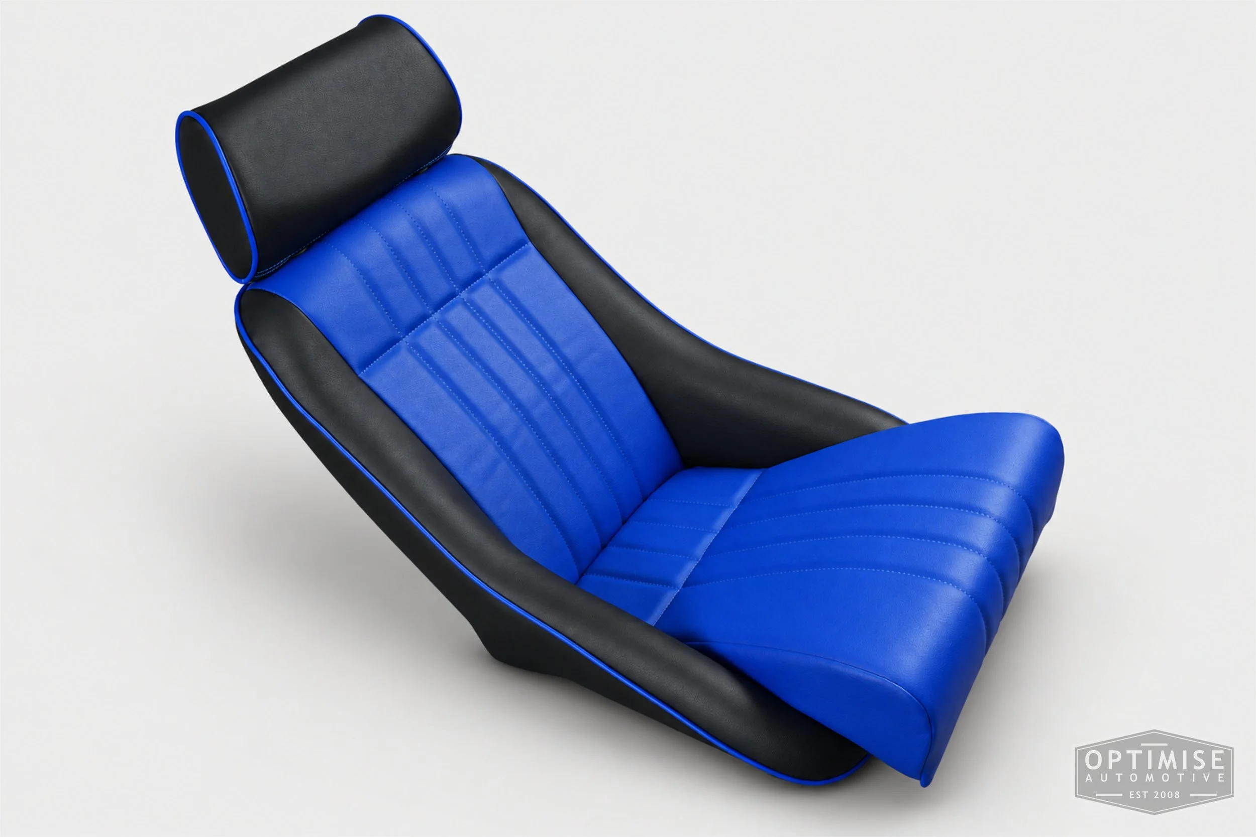 Classic Mini seat retrims featuring Cobra Monte Carlo front seats, trimmed in black and electric blue leatherette.
