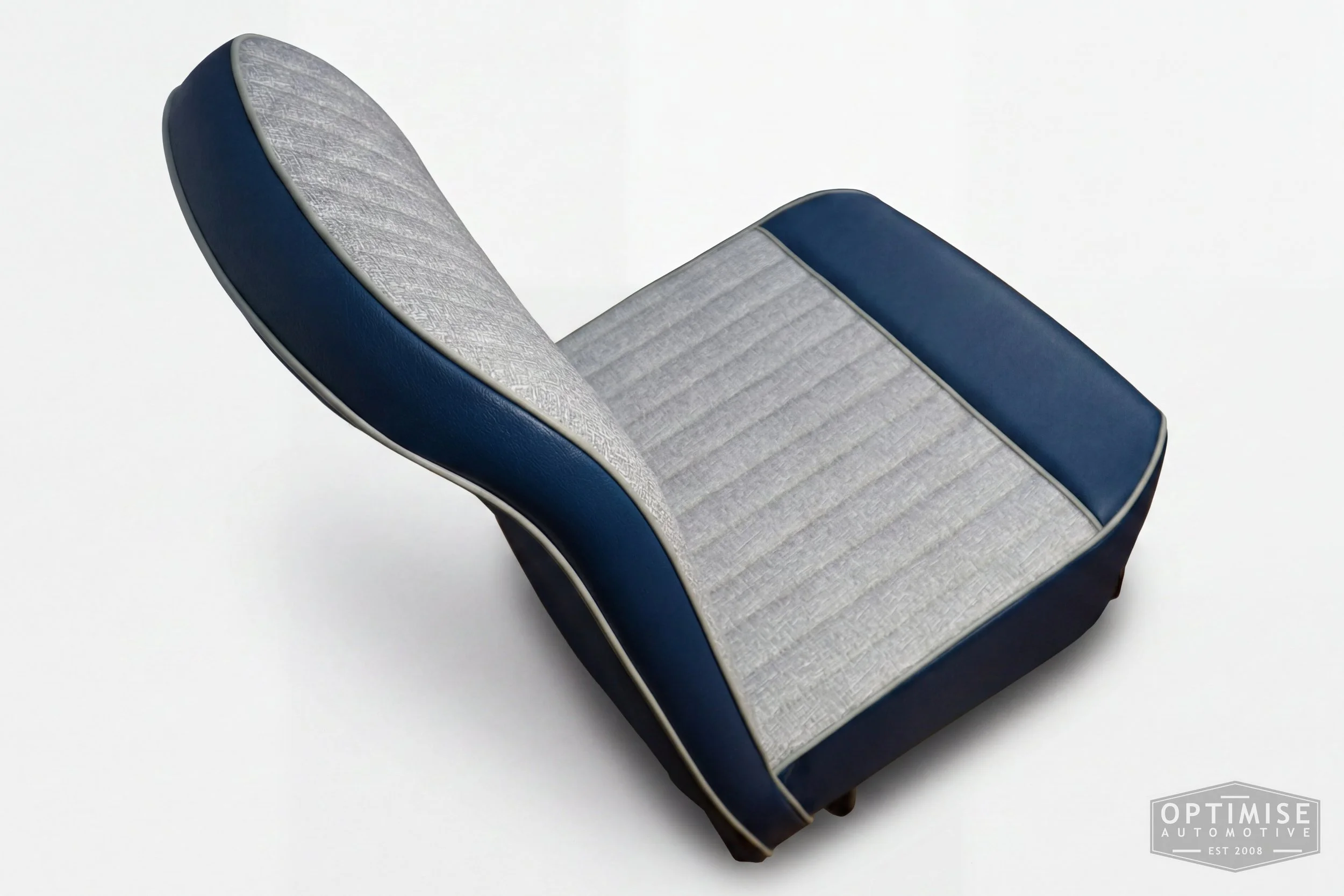 Classic Mini non-reclining seat retrims, trimmed in grey fleck and isis blue vinyl leatherette.