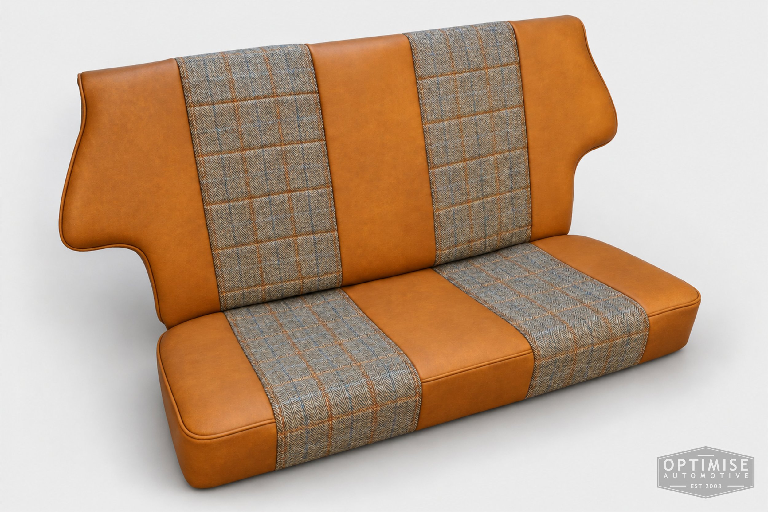 Classic Mini seat retrims featuring Mazda MX-5 front seats and a matching early MK3 rear seat, trimmed in Harris Tweed HB133 and Crest Austen ochre leather.