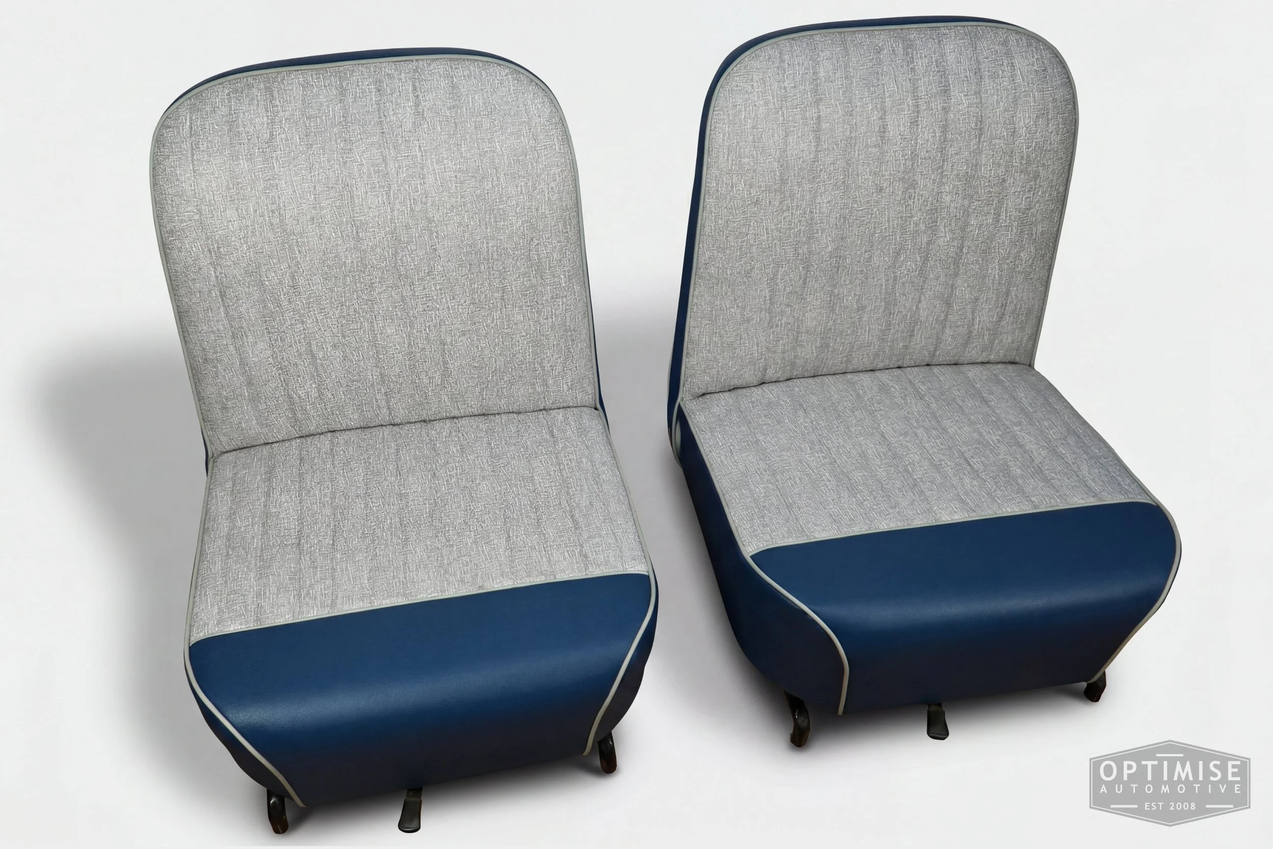 Classic Mini non-reclining seat retrims, trimmed in grey fleck and isis blue vinyl leatherette.