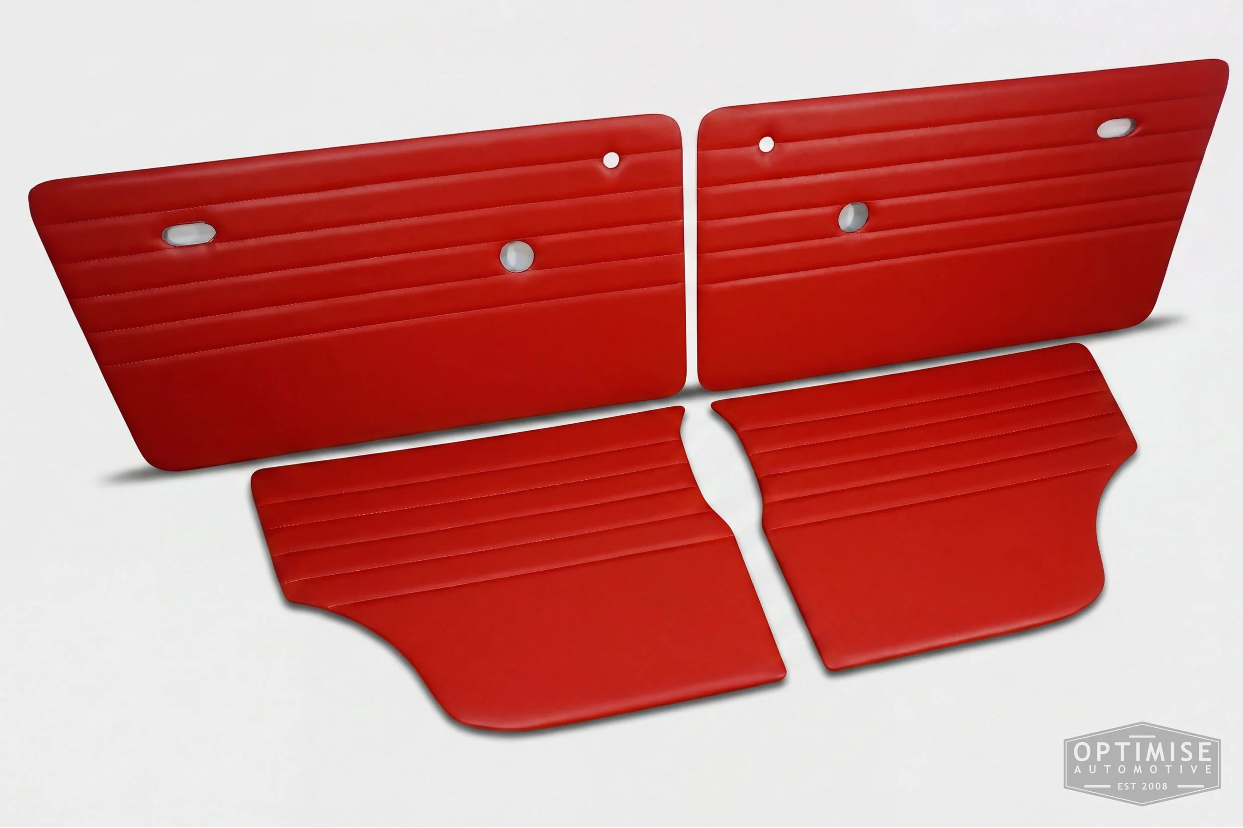 Classic Mini Monte-Carlo door cards, trimmed in red vinyl leatherette with red stitching.