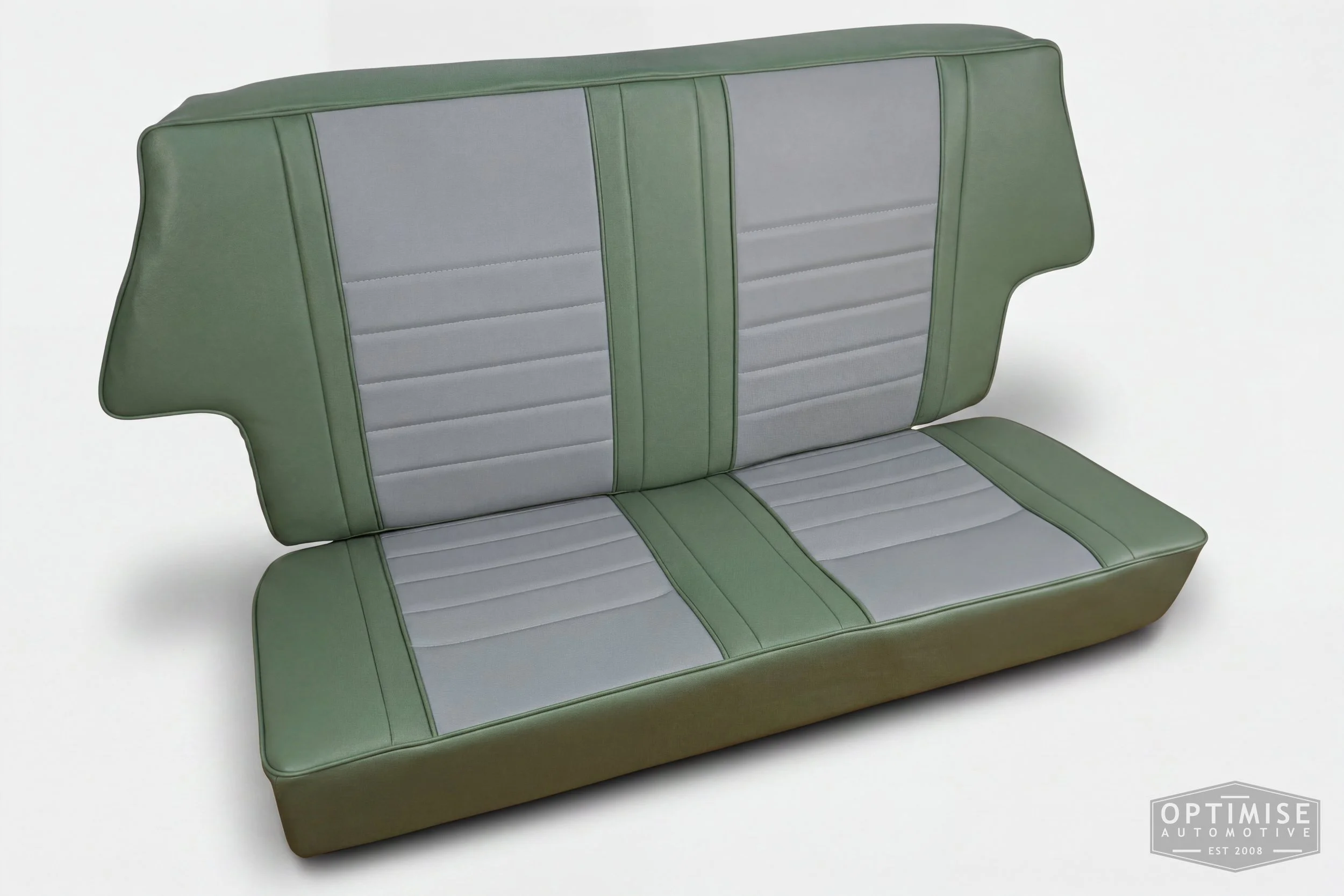 Classic Mini non-reclining seat retrims, trimmed in porcelain green and dove grey vinyl leatherette.