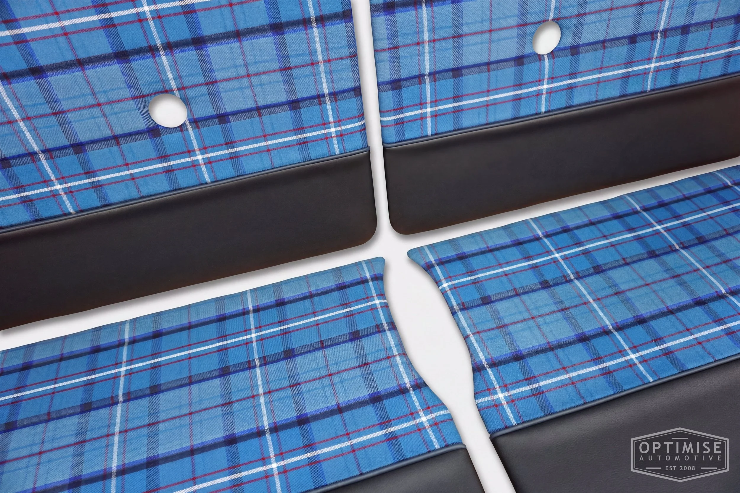 Classic Mini Monte-Carlo Plus door cards, trimmed in black vinyl leatherette and Royal Air Force Tartan cloth, with black piping & stitching.