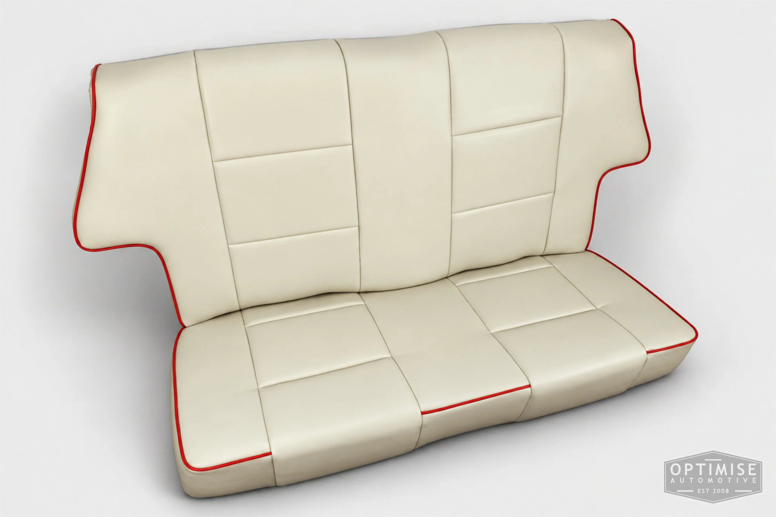 Classic Mini seat retrims featuring legendary RS Turbo Recaro front seats and a matching MK5 rear seat, trimmed in cream leatherette with red piping.