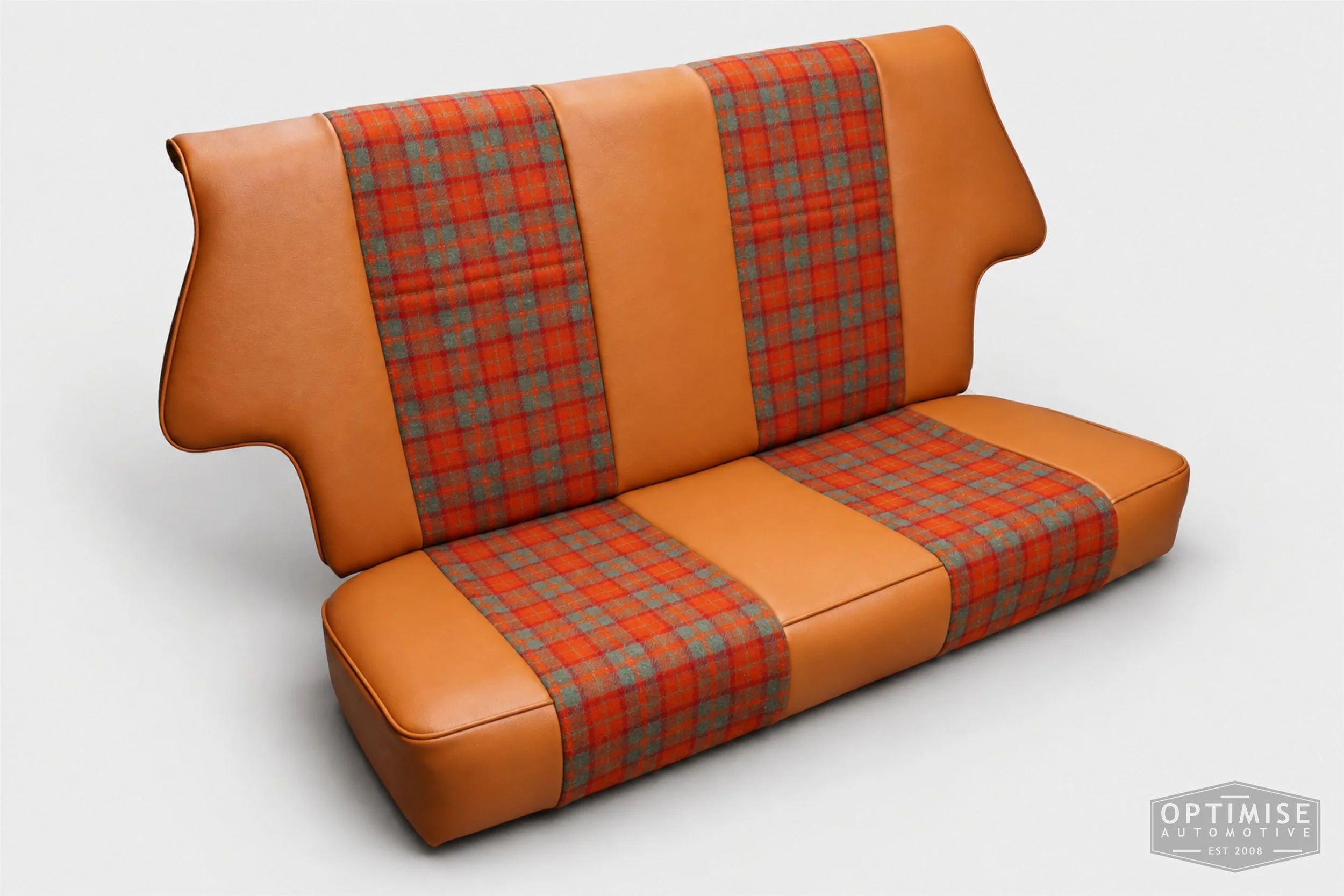 Classic Mini seat retrims featuring Cobra Classic front seats and a matching MK2 rear seat, trimmed in orange/green Harris Tweed A083 and light Jaguar tan leatherette.
