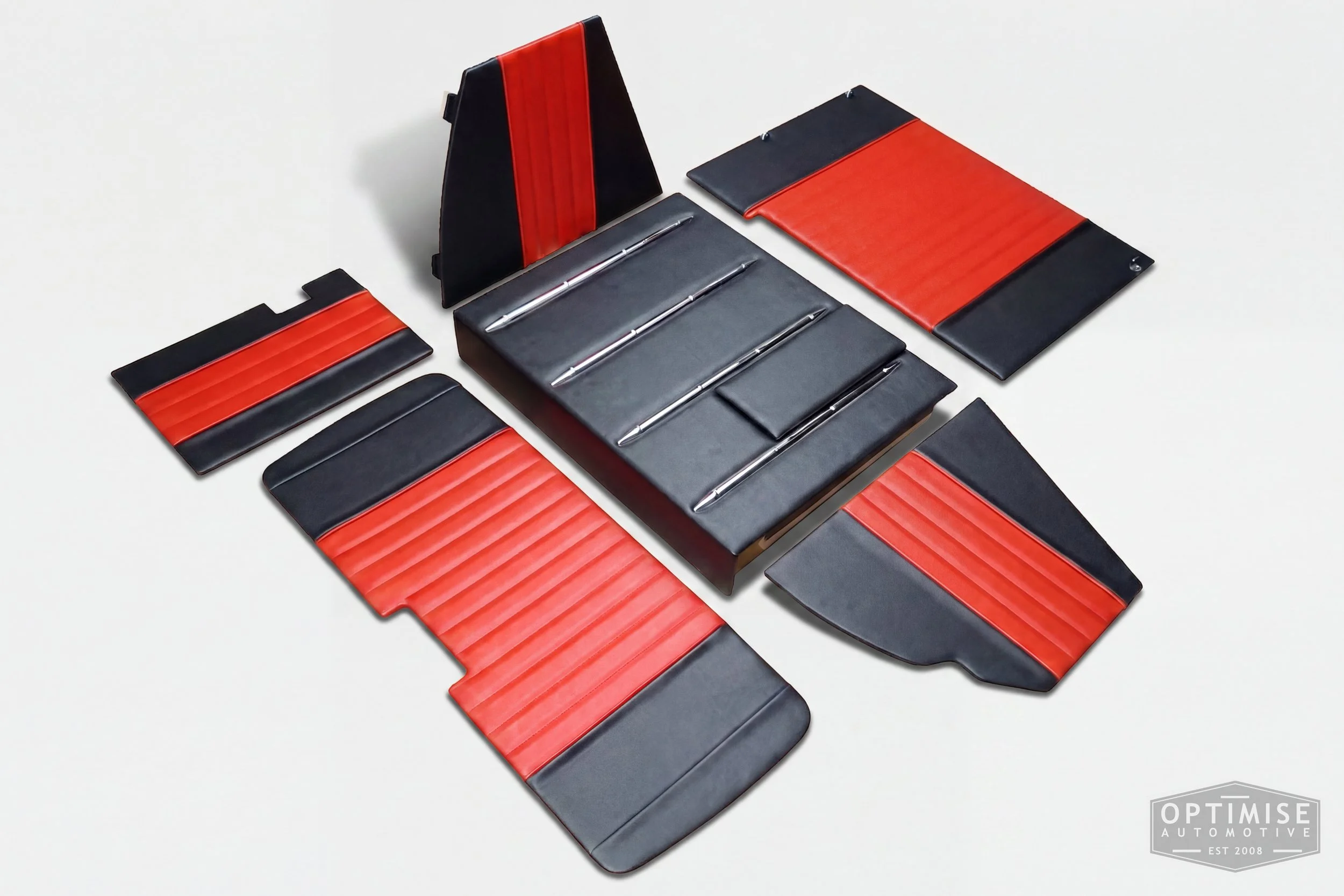 Classic Mini leatherette boot lining kit, trimmed in black and red leatherette with red piping and red stitching.