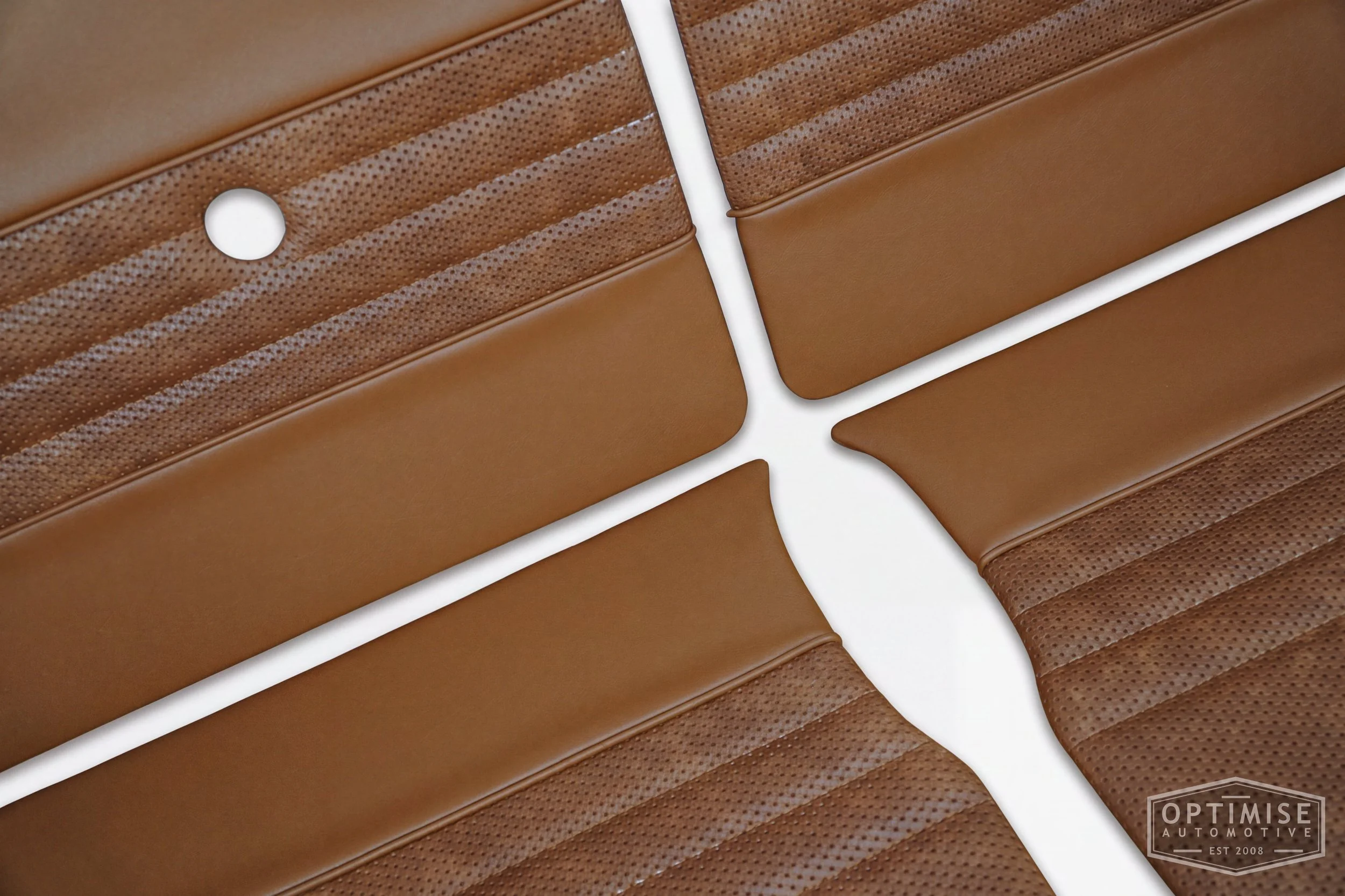 Classic Mini Wide-Stripe Fluted door cards, trimmed in light brown (tan) vinyl leatherette and light brown (tan) basketweave with light brown (tan) piping & stitching.