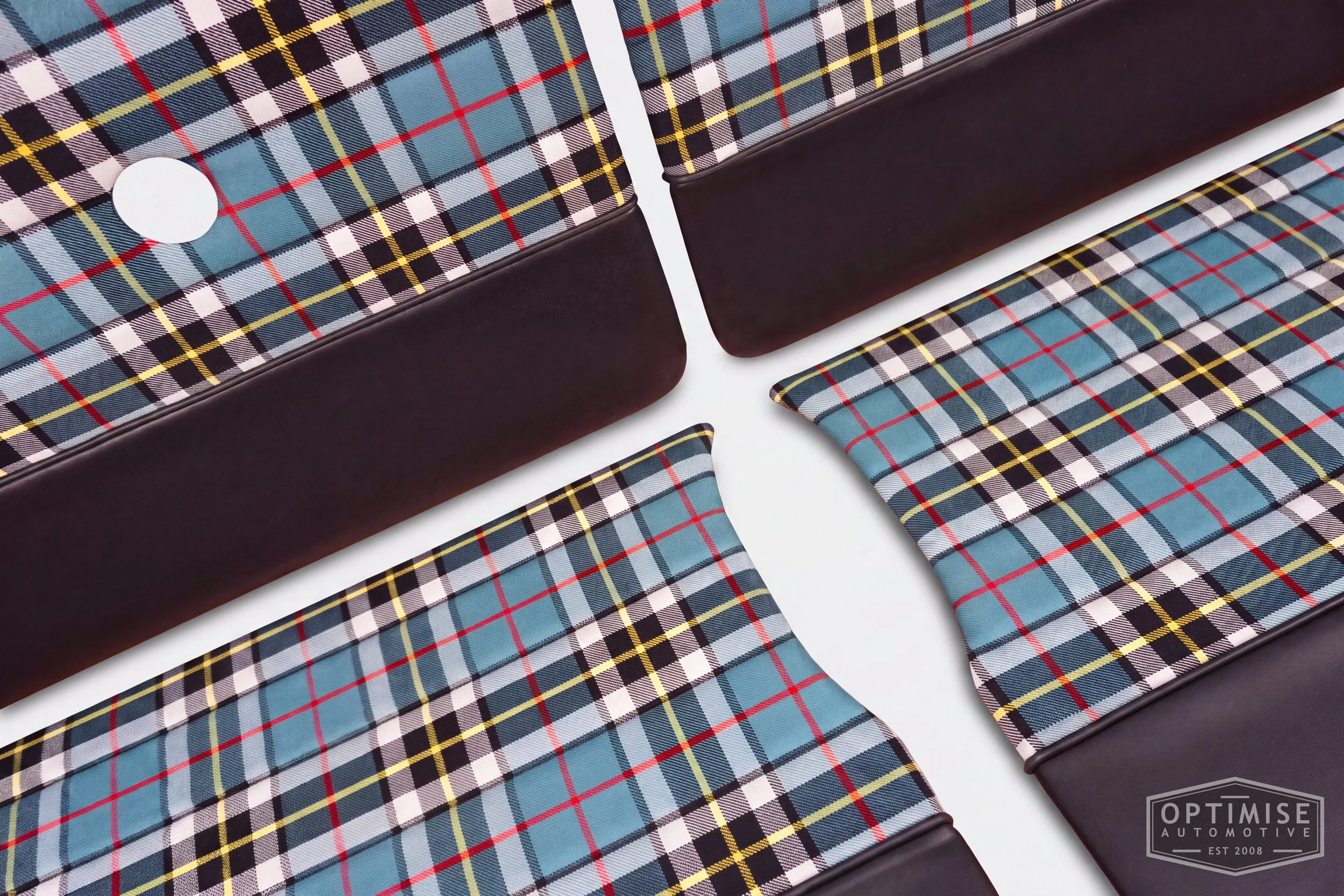 Classic Mini Monte-Carlo Plus door cards, trimmed in black vinyl leatherette and Thompson Dress Modern Tartan cloth, with black piping & stitching.