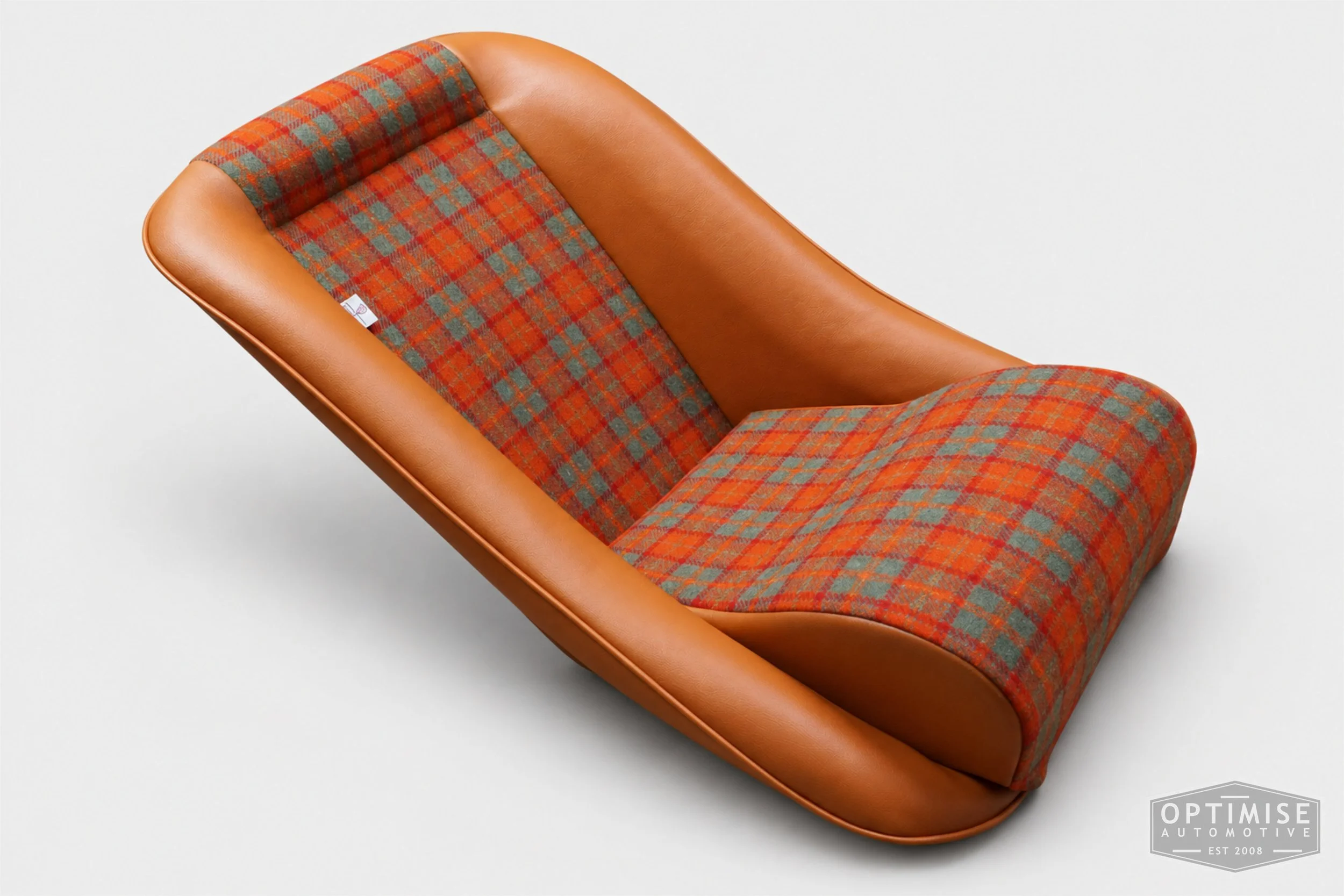 Classic Mini seat retrims featuring Cobra Classic front seats and a matching MK2 rear seat, trimmed in orange/green Harris Tweed A083 and light Jaguar tan leatherette.