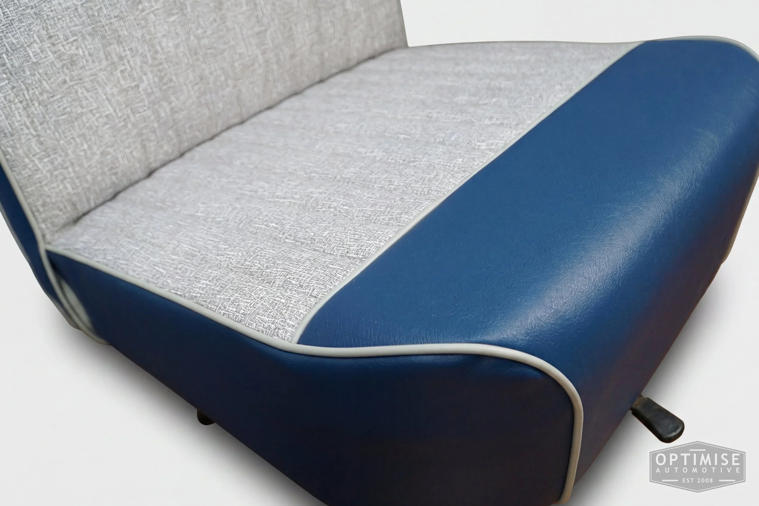 Classic Mini non-reclining seat retrims, trimmed in grey fleck and isis blue vinyl leatherette.