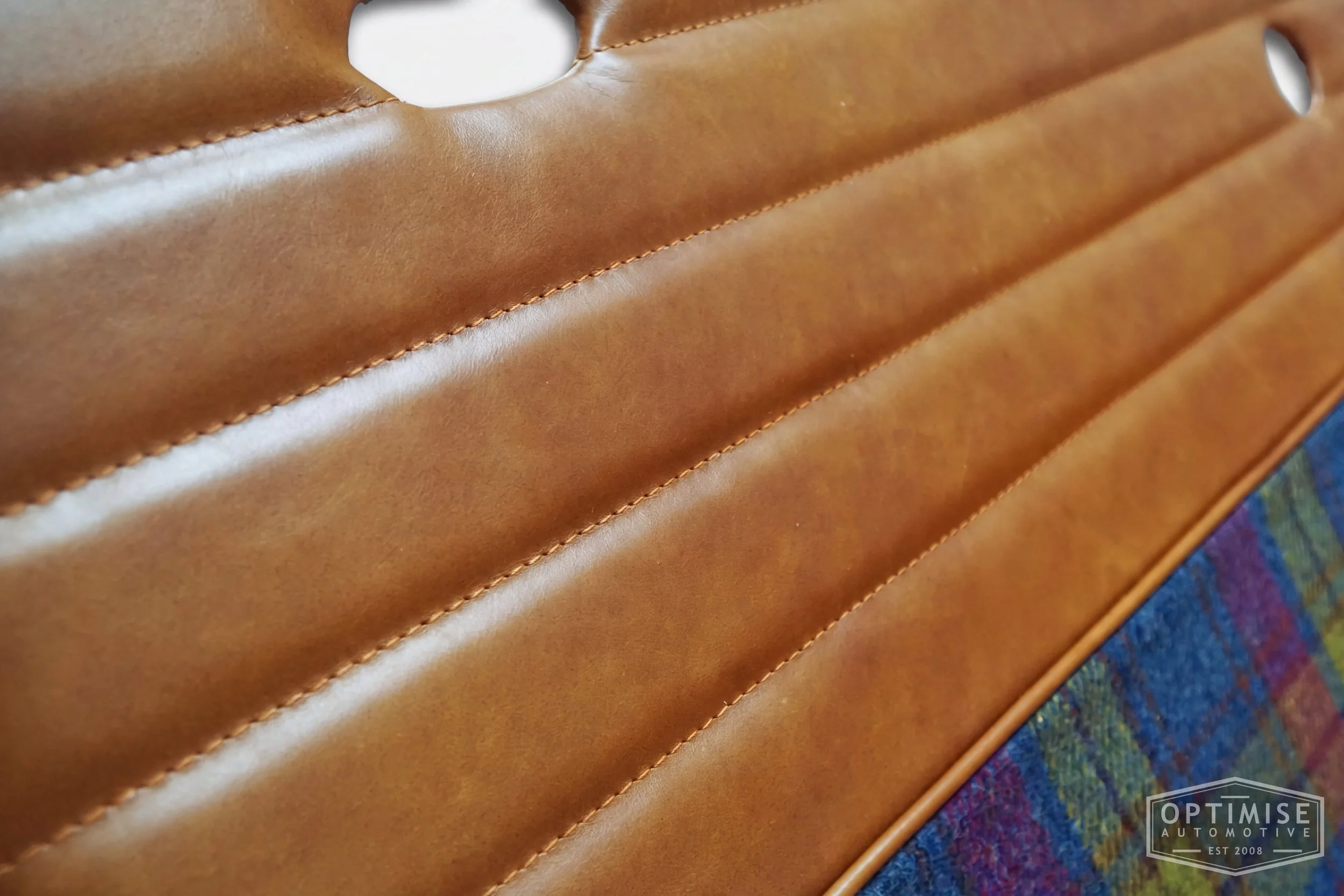 Classic Mini Monte-Carlo Plus door cards, trimmed in Crest Legacy dark caramel leather & Harris Tweed A0195 cloth.