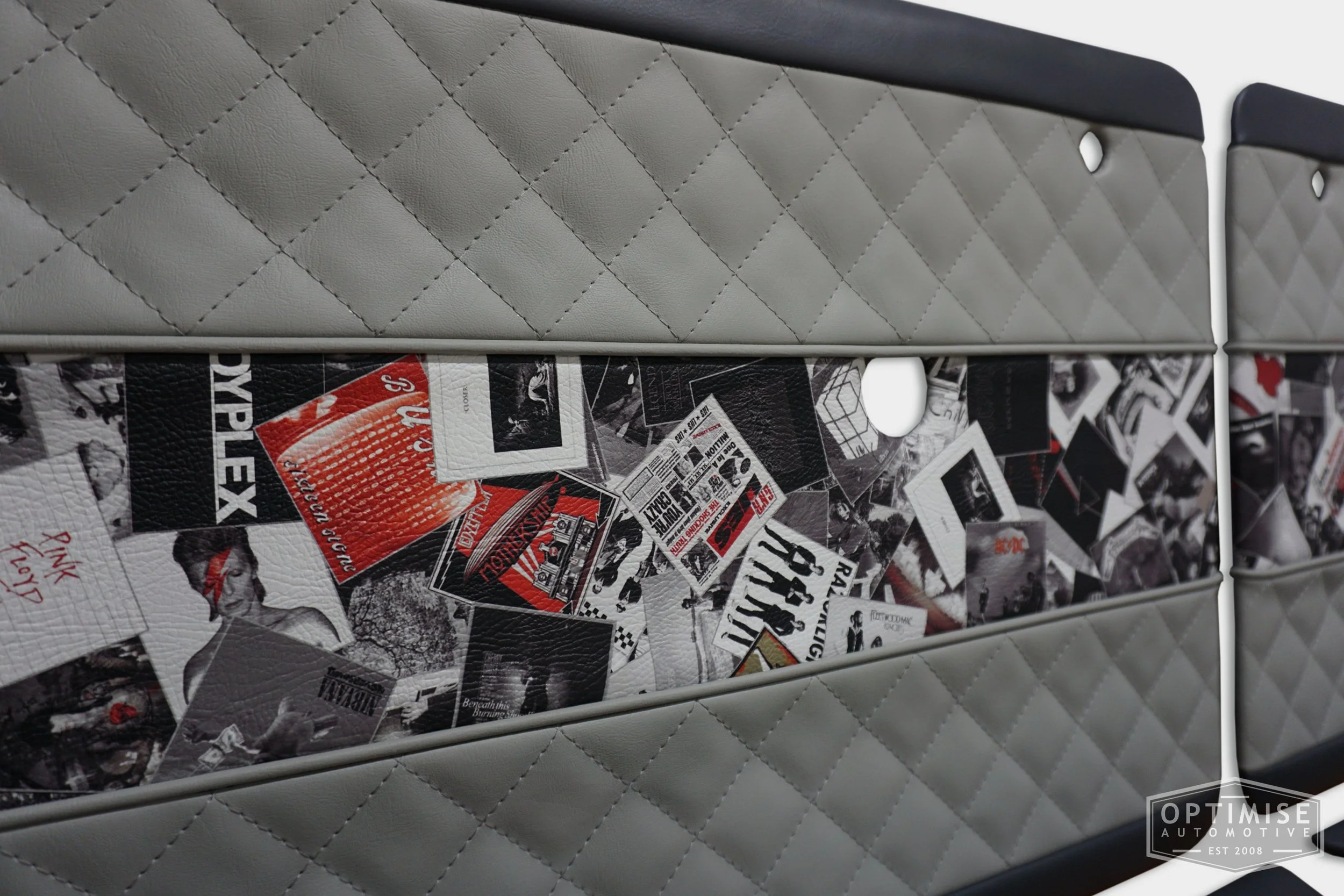 Classic Mini door cards, trimmed in grey with custom music themed printed vinyl leatherette.