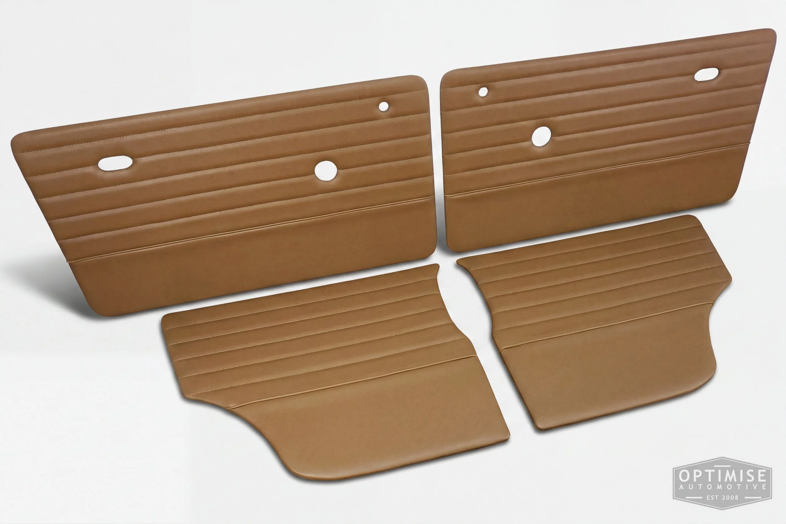 Classic Mini Monte-Carlo Plus door cards, trimmed in light brown (tan) vinyl leatherette with light brown (tan) piping & stitching.