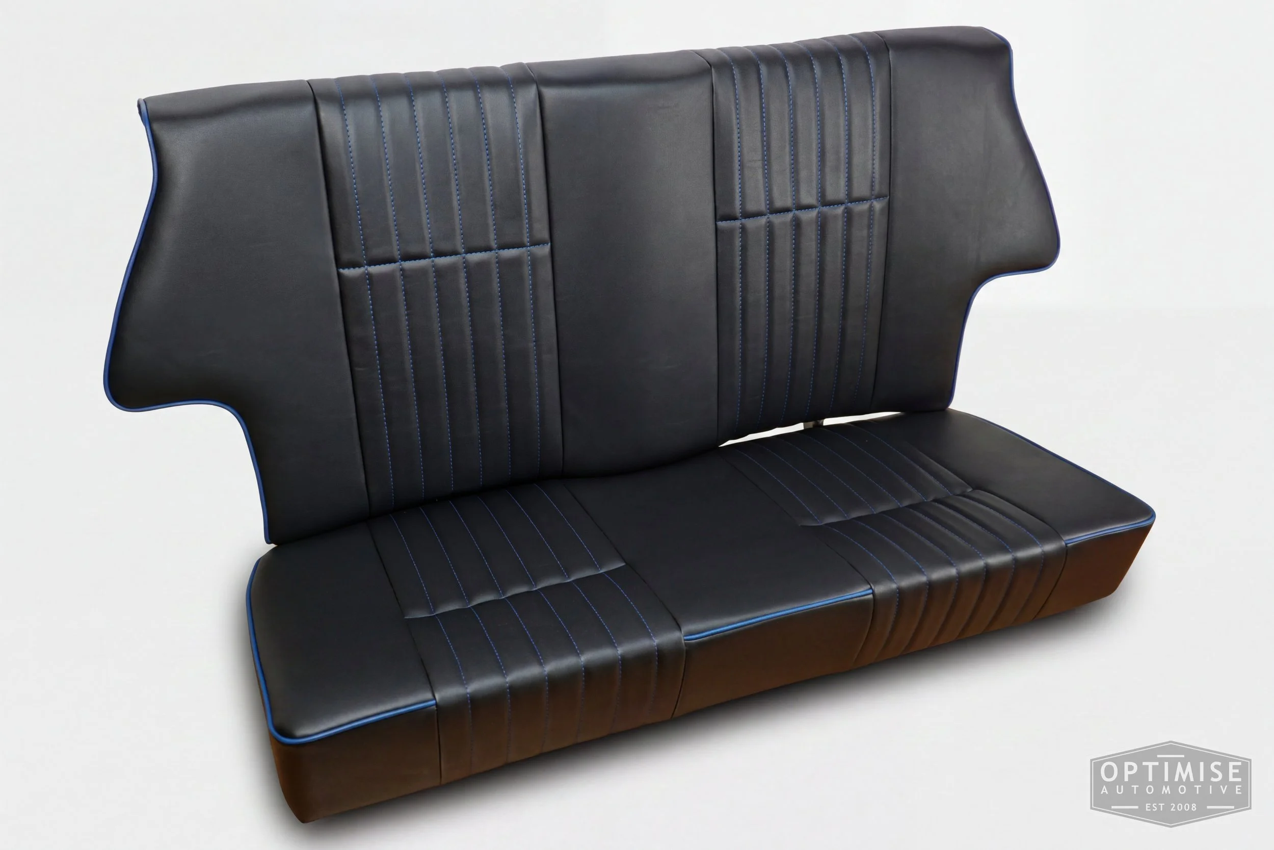 Classic Mini SPi seat retrims, trimmed in black leatherette with blue piping and stitching.