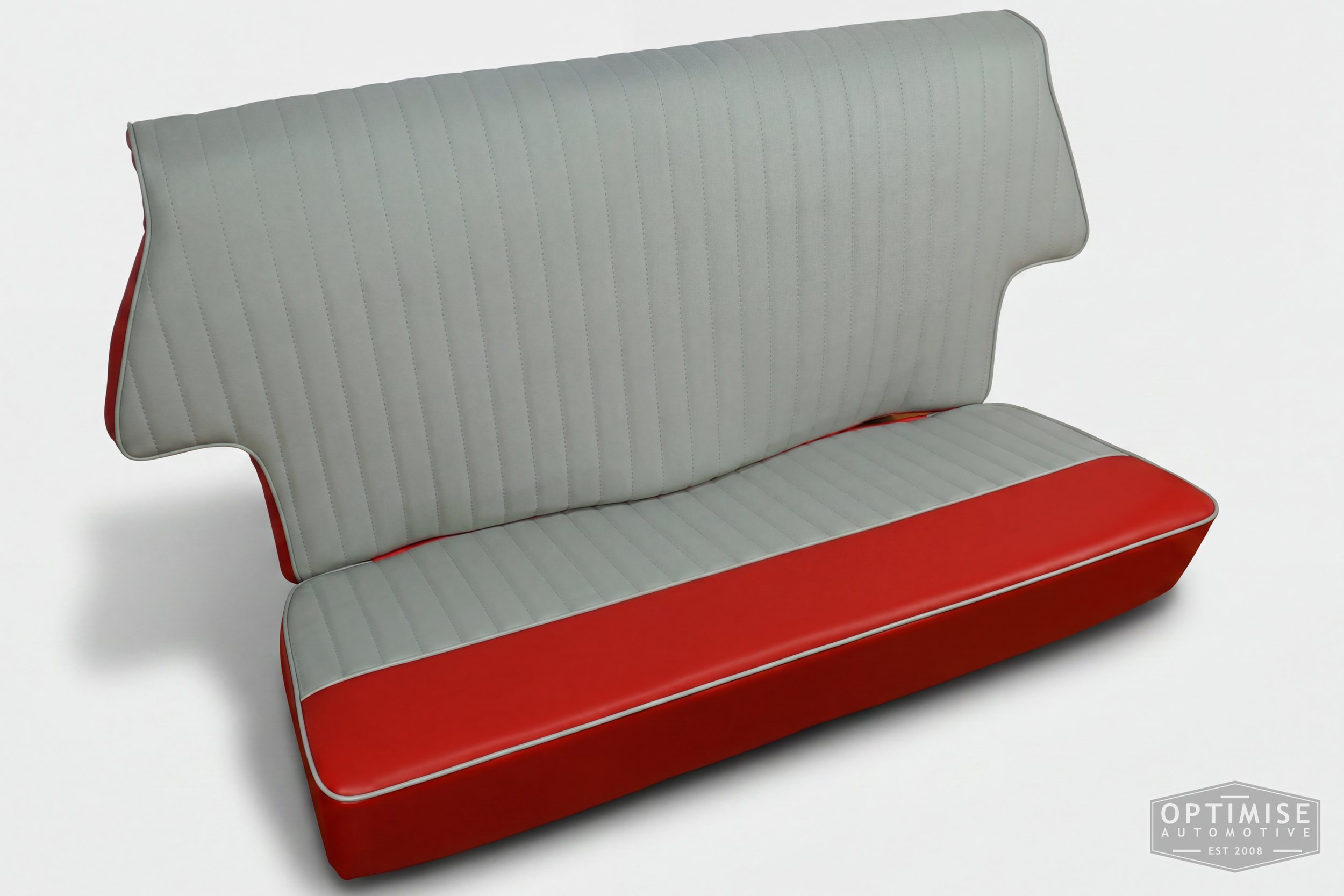 Classic Mini reclining seat retrims, trimmed in red and light grey vinyl leatherette.