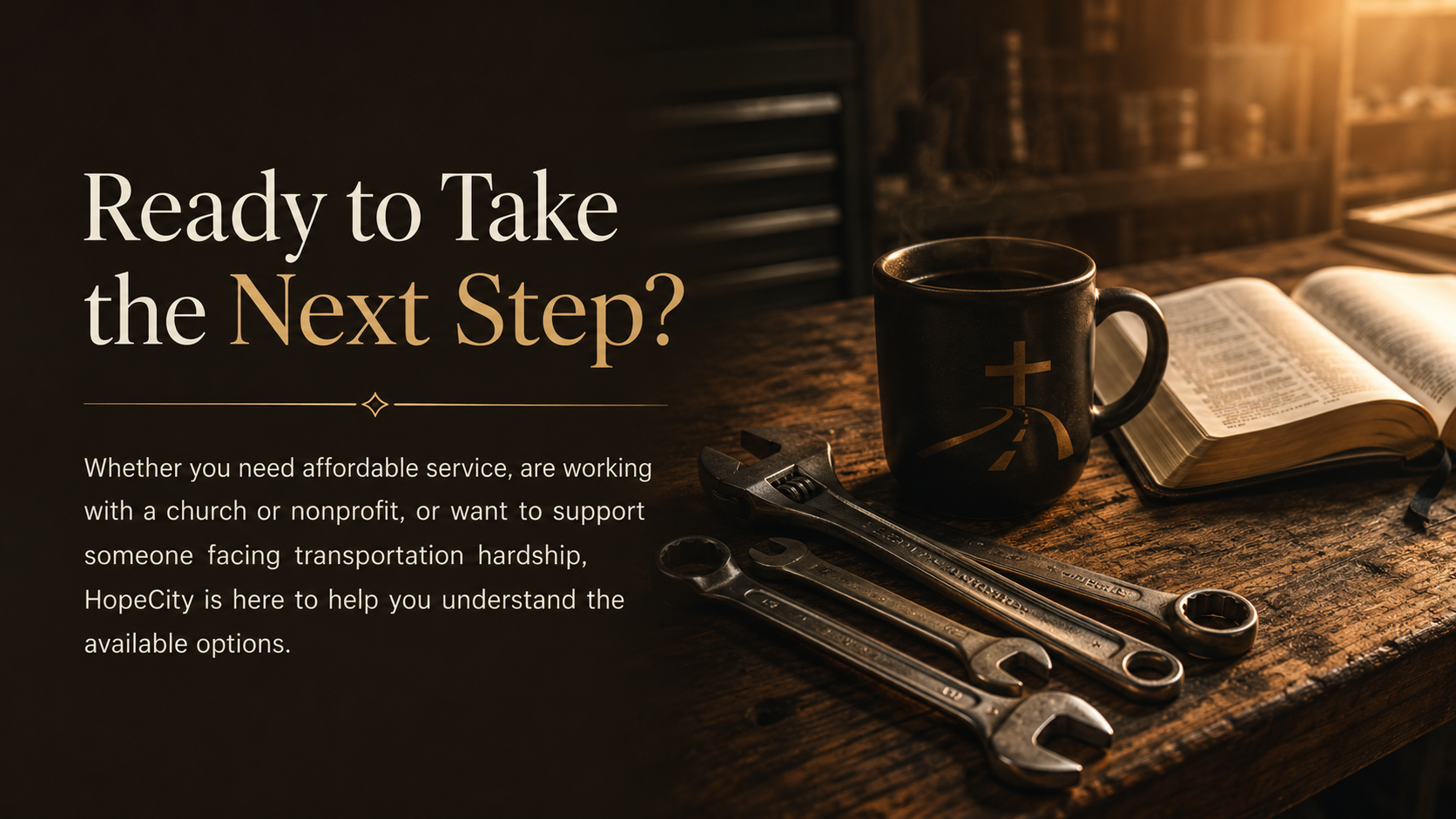 A dark wooden table with a black mug featuring a cross and road sign design, an open Bible, and a set of three adjustable wrenches. The scene is illuminated by warm, ambient lighting.
