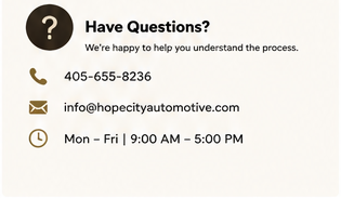 Contact information card for Hope City Auto, including phone number, email, and business hours.