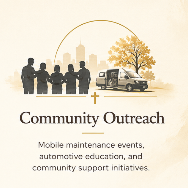 Illustration of a community outreach program with silhouettes of people, a van, a city skyline in the background, and trees, promoting mobile maintenance, automotive education, and community support initiatives.