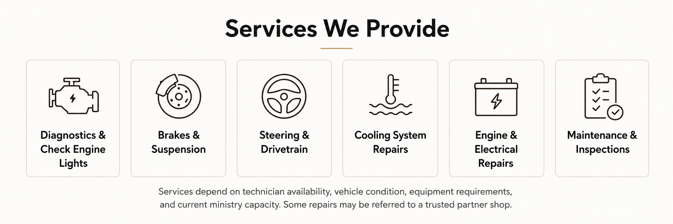 Icons and text listing car services: diagnostics and check engine lights, brakes and suspension, steering and drivetrain, cooling system repairs, engine and electrical repairs, maintenance and inspections.