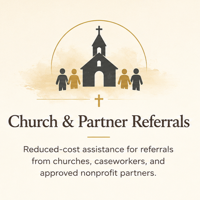 Graphic promoting church and partner referrals with an illustration of a church and four people, and text about reduced-cost assistance for referrals from churches, caseworkers, and nonprofits.